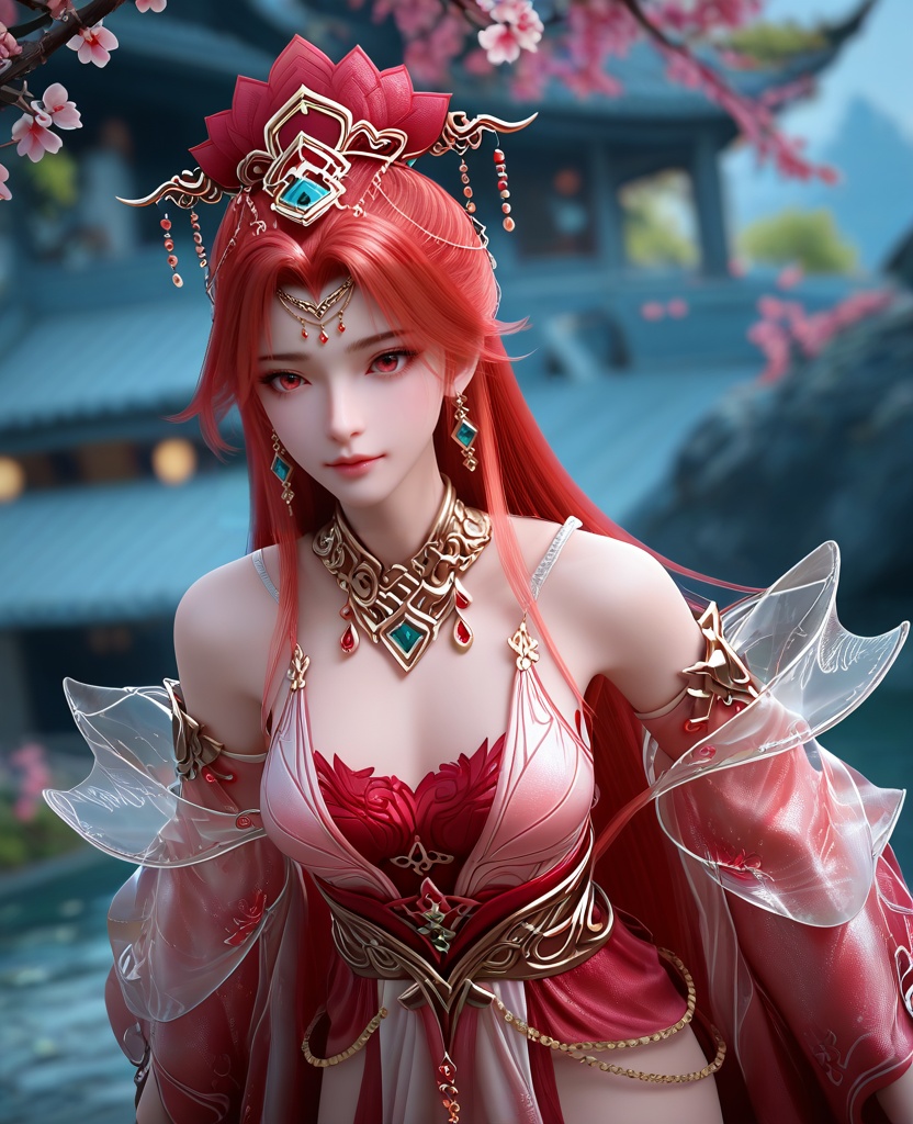 (oriental architecture, elegant decor, sophisticated style:1.1),Walking with arms swinging freely by the sides,,(breasts:1.2),<lora:XL16完美世界戚琳:0.95>,miss qilin,red dress,red eyes,red hair,very long hair,hair ornament,traditional chinese updo with long front strands,earrings,jewelry,red bra,bare shoulders,choker,sash,, zPDXL2, score_9, score_8_up, score_7_up BREAK realistic, masterpiece,best quality, highly detailed,, zPDXL3, zPDXL2,zPDXL, zPDXLxxx, zPDXLrl,