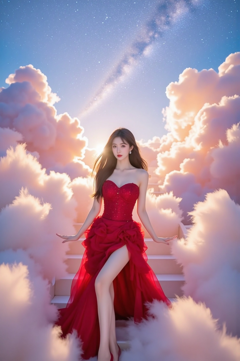 TYZ,1girl,solo,long hair,breasts,looking at viewer,brown hair hair,dress,bare shoulders,medium breasts,full body,earrings,indoors,high heels,lips,makeup,red dress,sunlight,lipstick,strapless dress,stairs,(((There are Suspended staircase above the sky))),(((Heaven, beautiful detailed sky))),beautiful detailed cumulonimbus,(((extremely detailed CG unity 8k wallpaper, masterpiece, best quality, ultra-detailed))),(best illumination, best shadow, an extremely delicate and beautiful),dynamic angle,floating,finely detail,(bloom),(shine),glinting stars,feather,nature,(sunlight),fairyland,extremely delicate and beautiful girls,full body,xuer Haute couture dress,(very aesthetic, best quality,ultra detailed),intricate details,dark theme,soothing tones,high contrast,natural skin texture,soft light,sharp,masterpiece,best quality,(ray tracing),sunlight,(scenic view:1.1),