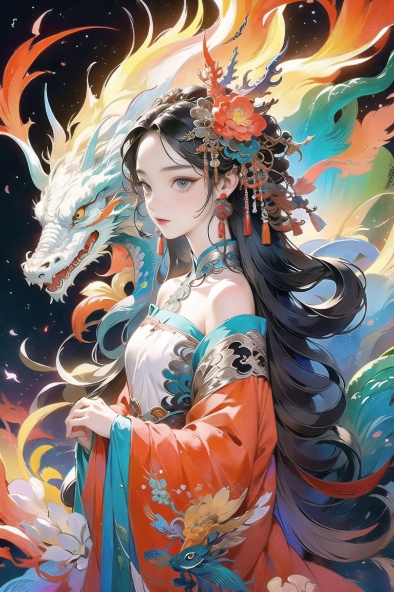 guofeng,Illustrated,black eyes,long hair,multiple colors,high definition,Rich in intricate details,8K,illustration,crazy colors,dragon,off shoulder,1girl,<lora:guofeng极致古风工笔:0.7>,