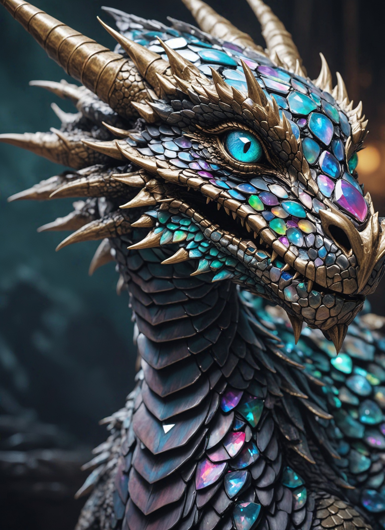 A beautiful portrait photograph of a dragon with diamond and gemstone scales,  opal eyes,  cinematic on Tensor.Art
