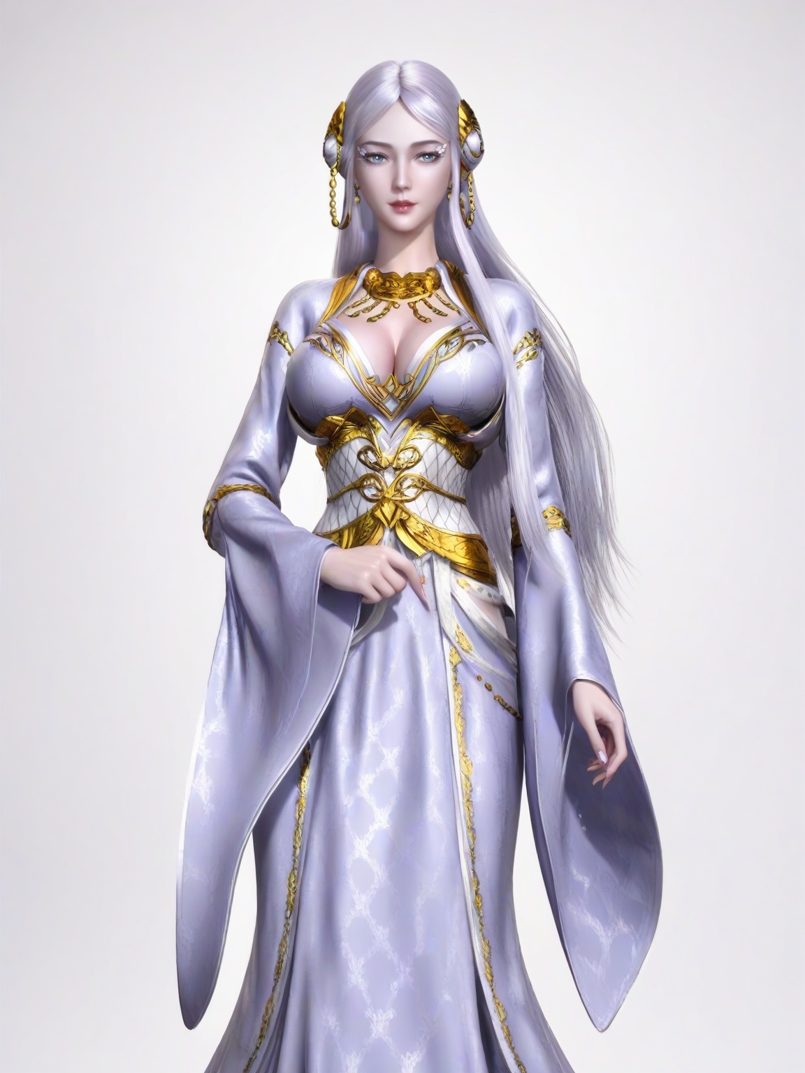 score_9,<lora:SF_BaiLong_Pony_Realism2.3-000005:0.7>,1girl,solo,dress,long hair, lipstick,earrings,eyelashes,large breasts, hair ornament,standing,wide sleeves, looking at viewer,white background,simple background,cowboy_shot,