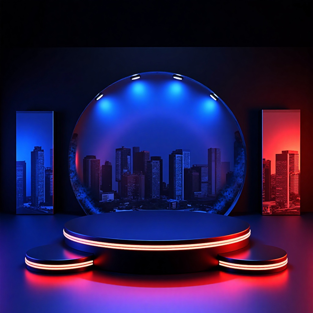 zhantai,zhantai,A circular stage, black in color, surrounded by red and blue lights, with two circular bases at the bottom of the stage. The stage background is an abstract urban landscape, including red and blue buildings. The stage is located in the center of the picture, and the stage bases are on the left and right sides of the stage. The stage background is an abstract urban landscape, including red and blue buildings. The stage and background form a modern display environment, with a 3D rendering style and bright lighting. The overall atmosphere is modern and vibrant.