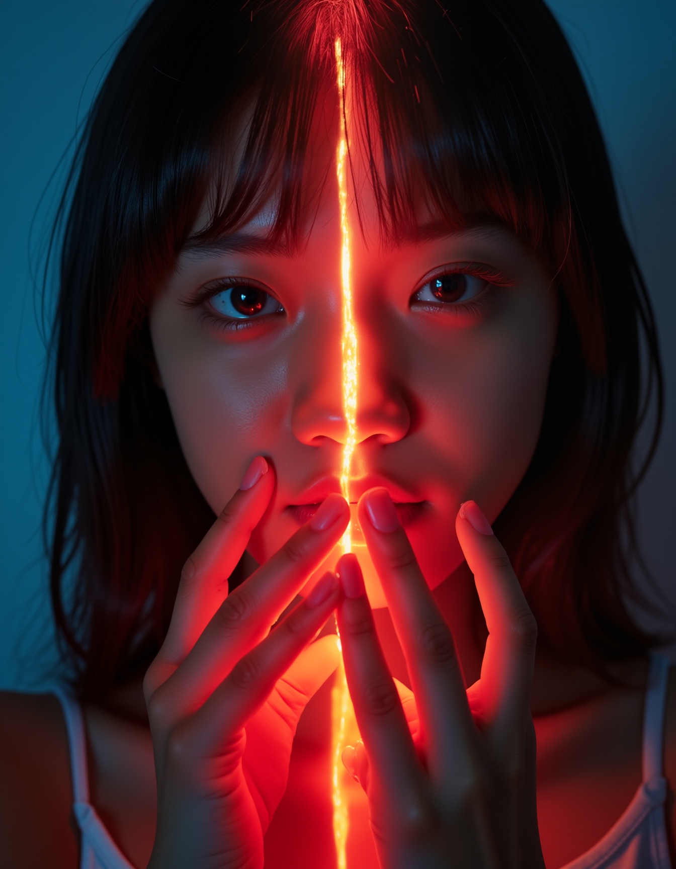 close-up of a figure with dual personalities,  one side with dark hair and a red eye,  the other with white hair and a blu...