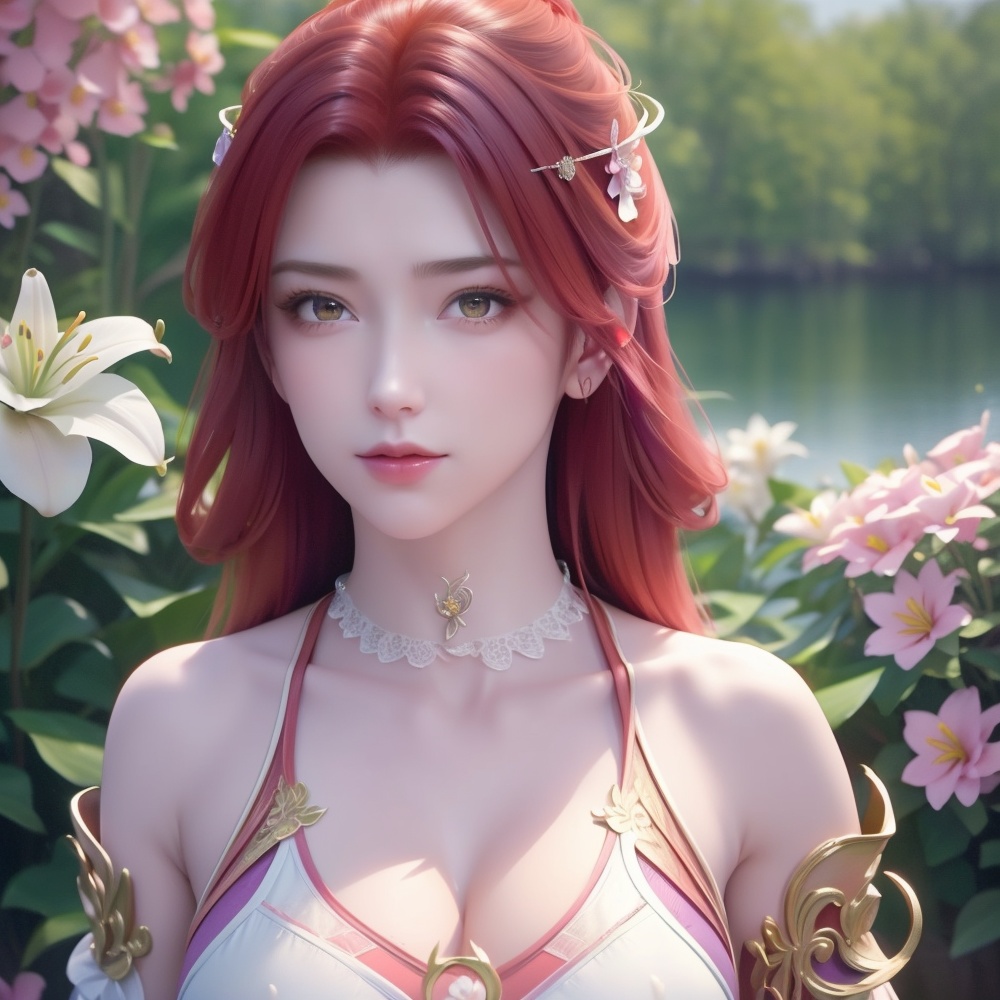 <lora:斗破苍穹-唐火儿:0.8>,red hair,  (,1girl, ,best quality, ),looking at viewer,  ,ultra detailed 8k cg,ultra detailed background,ultra realistic 8k cg,1girl, solo,(bare shoulders:0.85),(masterpiece, best quality),((oil painting style)),sexy young lady,(beautiful face and eyes),(upper body:1.5),(whole body:1.05),(single person:1.2),surrounded by flowers, (lily), roses, floret, vegetation, white, purple, purplish pink,Impressionism,colorful,(Breast size:1.3),(cleavage),