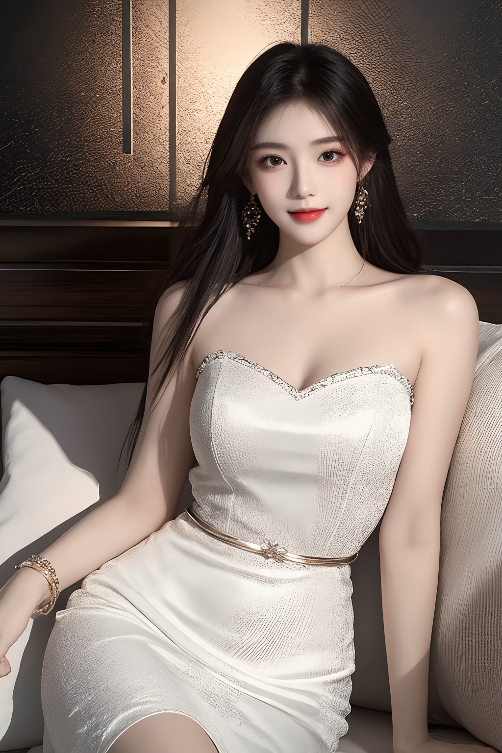 1girl, black hair, bracelet, dress, green eyes, lips, long hair, looking at viewer, pillow, realistic, sitting, smile, solo, watch, white dress, wristband, wristwatch  <lora:1.0:0.8>