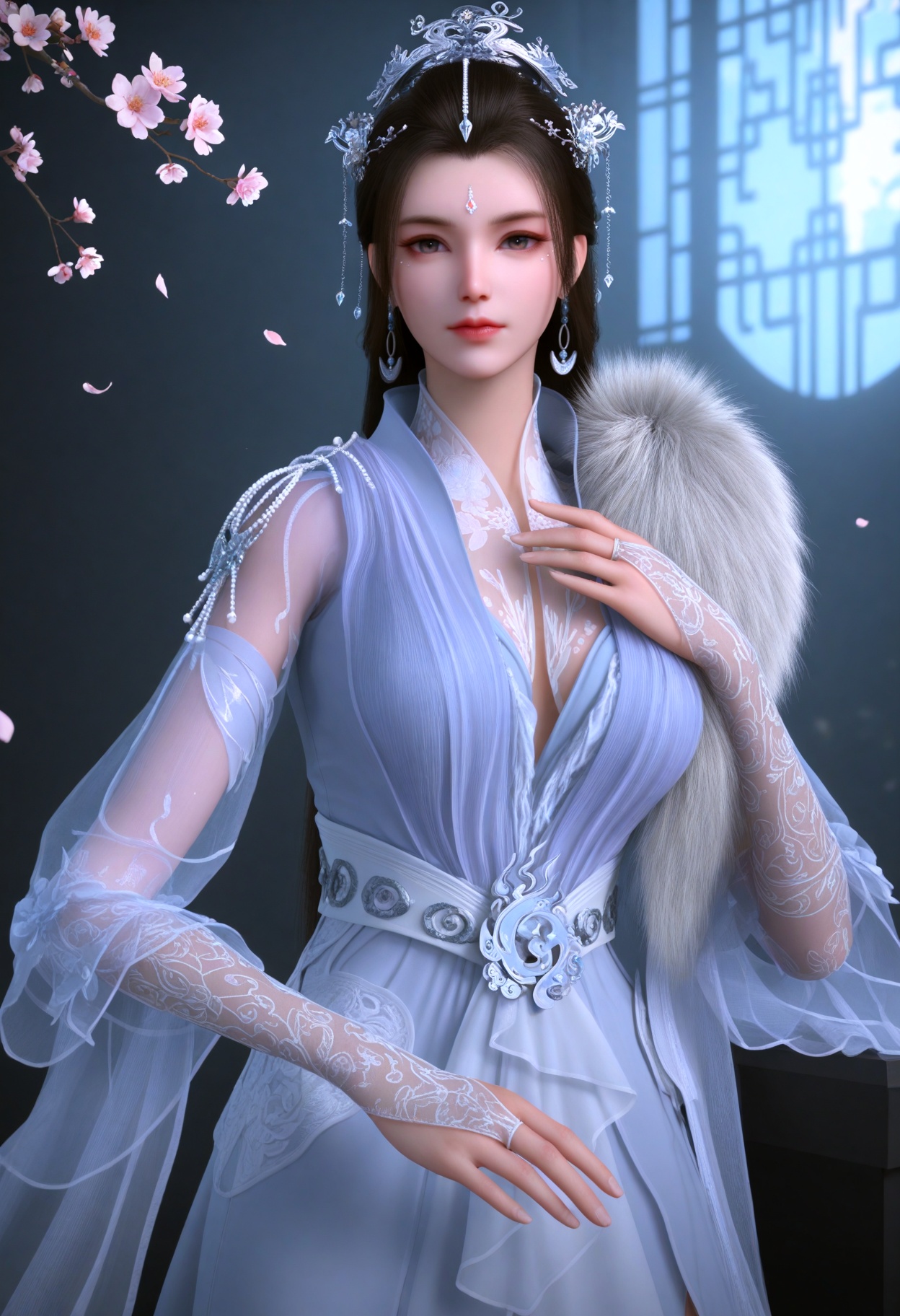 (full_body:1.1),(gigantic breasts:0.6),(slender:1.3),(looking_at_viewer:1.1),(masterpiece:1.1),(best quality:1.2),(intricate details),(smog:1.3),(Dark room:1.3),(dim lighting:1.3),peach blossom,falling petals,<lora:YQ_Illustrious光辉v5_月瑶_V1:0.8>,1girl,q1528437228,jewelry,hair_ornament,long_hair,black_hair,earrings,dress,chinese_clothes,realistic,white_dress,forehead_mark,facial_mark,hair_bun,fur_trim,brown_hair,flower,single_hair_bun,cape,long_sleeves,brown_eyes,necklace,gem,blue_eyes,braid,blue_dress,hair_flower,white_footwear,anklet,hand_fan,masterpiece,(best quality),(intricate details:0.9) BREAK (intricate details:0.9),(realistic skin:1.2),masterpiece,best quality,newest,absurdres,hiahres,
