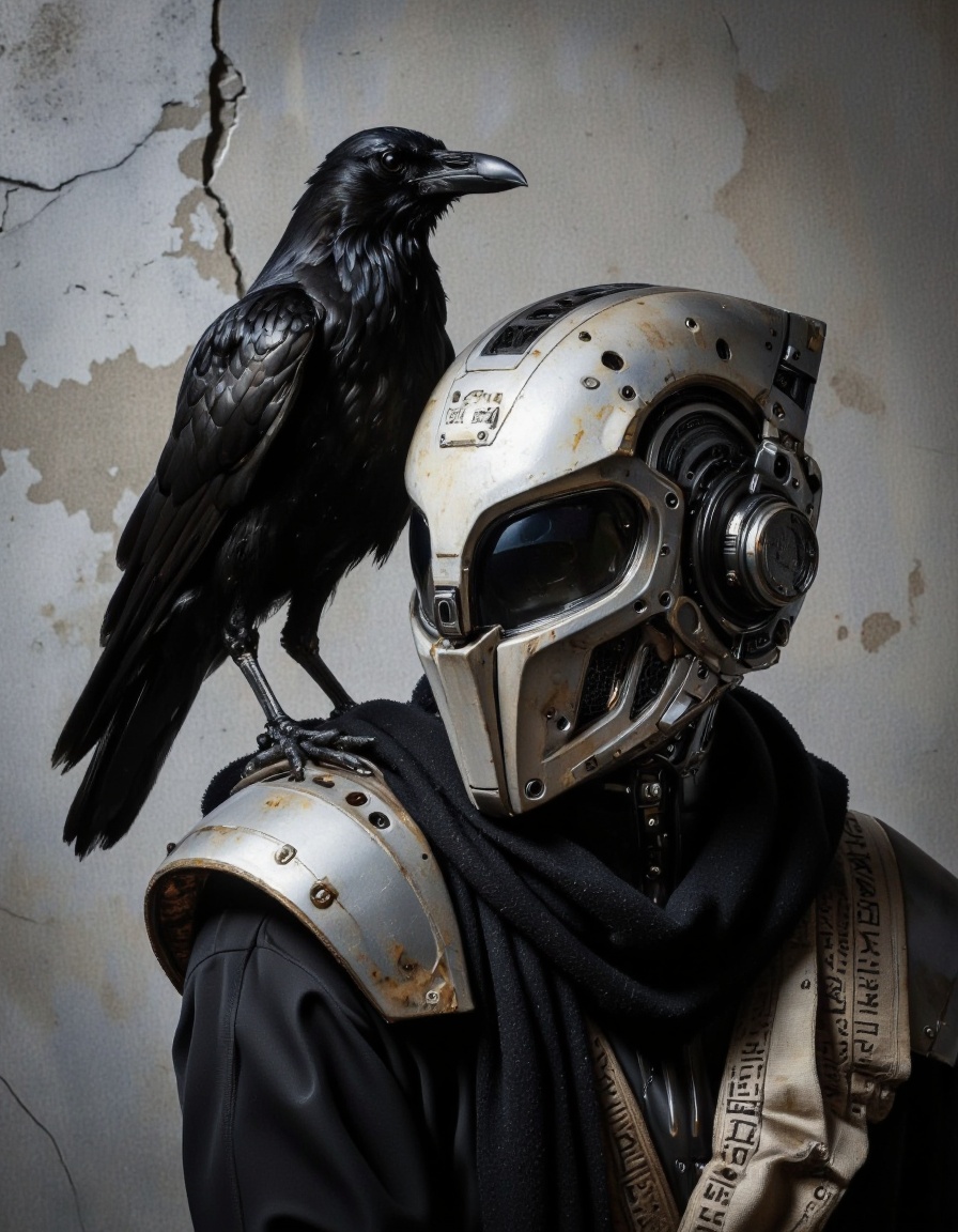 SentinelBot. This is a high-resolution photograph featuring a futuristic,  metallic helmet and a black crow perched on its...