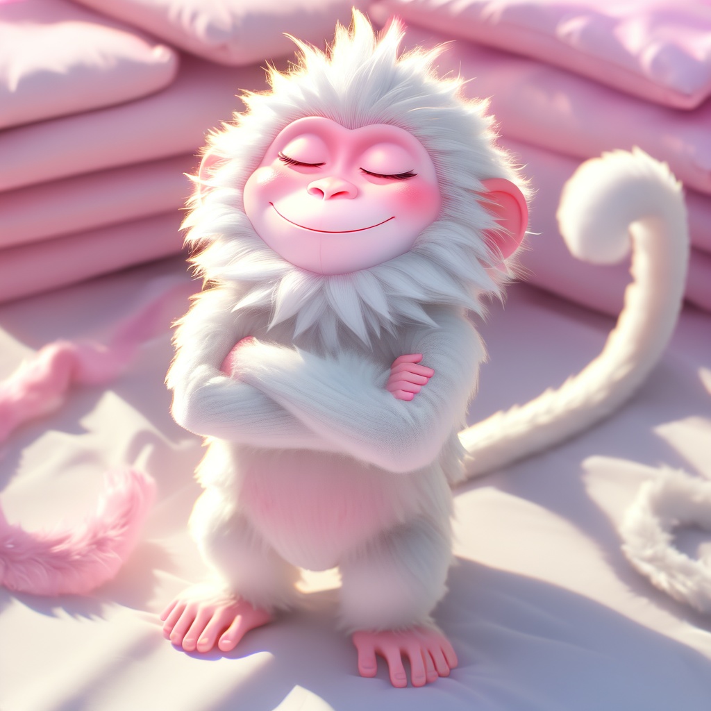 shenhou, monkey, fluffy, sunlight, light particles, whiskers, cute, cc-color-correction, mf-movie-filter, warm colors, whimsy and dramatic lighting, white fur, soft lighting, monkey focus, no humans, closed eyes, sitting, smile, crossed arms, closed mouth, full body, blurry, tail, pink theme, on bed, tail ornament,<lora:shenhou_v1:0.8>,