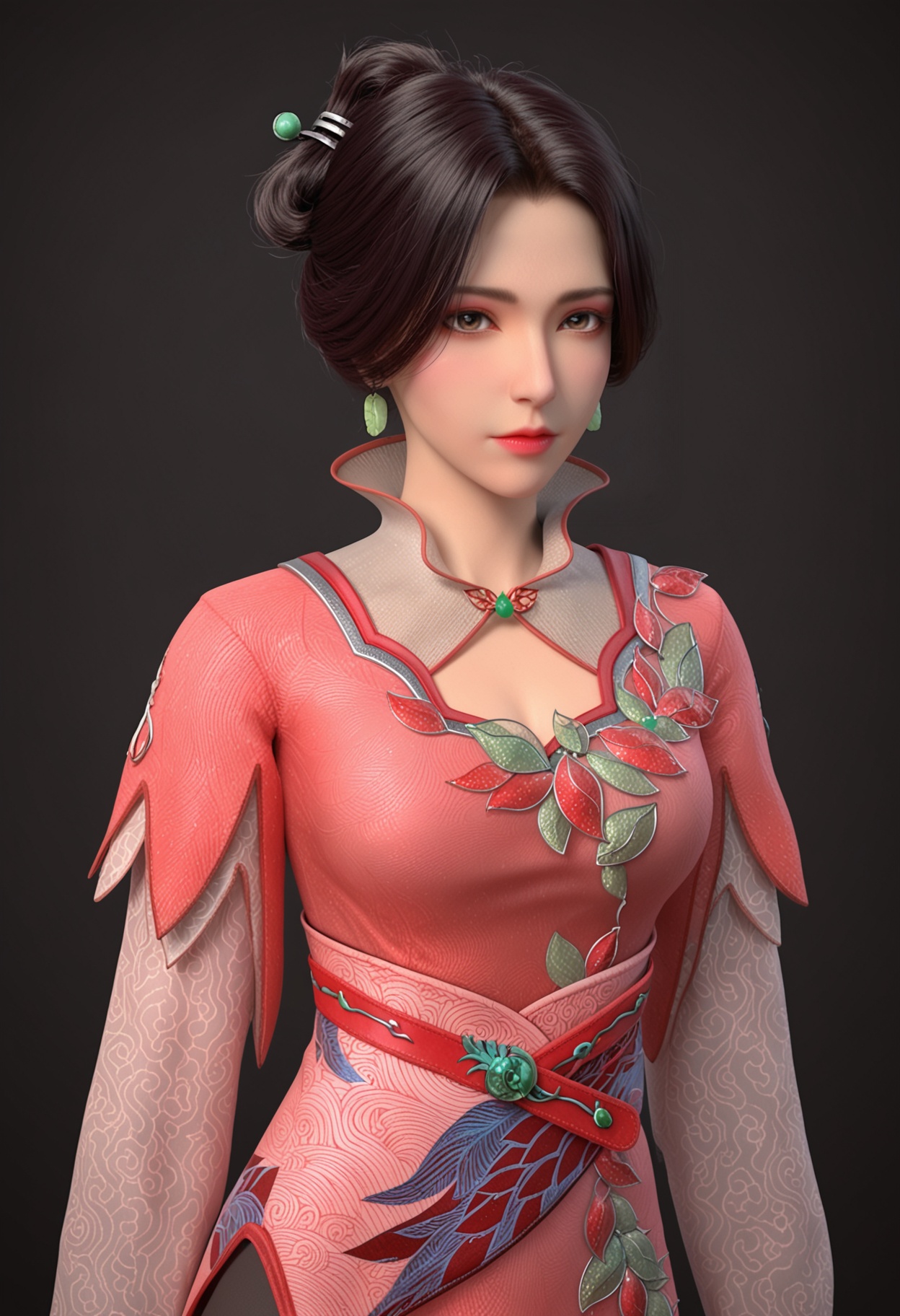 (upper_body:1.2),(looking at viewer:1.1),facing viewer,direct gaze,<lora:YQ_pony_jimohuaxue_V5:0.8>,1girl,q1528437228,solo,black hair,jewelry,pink dress,earrings,short hair,hair bun,hair ornament,brown eyes,brown hair,long sleeves,chinese clothes,single hair bun,high collar,boots,red footwear,black eyes,sash,side slit,necklace,pantyhose,BREAK simple background,pure black background,black background,perfect anatomy,