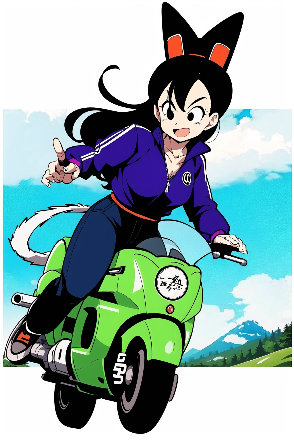 1girl,black eyes,breasts,clenched hand,cloud,fingernails,flying,full body,hat,holding microphone,kp,long hair,long sleeves,male focus,motorcycle,mountain,outdoors,purple jacket,simple background,smile,solo,son goku,sweater,tail,white background,<lora:kp_鸟山明V3:0.8>,kp,, masterpiece, best quality, unity 8k wallpaper,8k, ultra high res