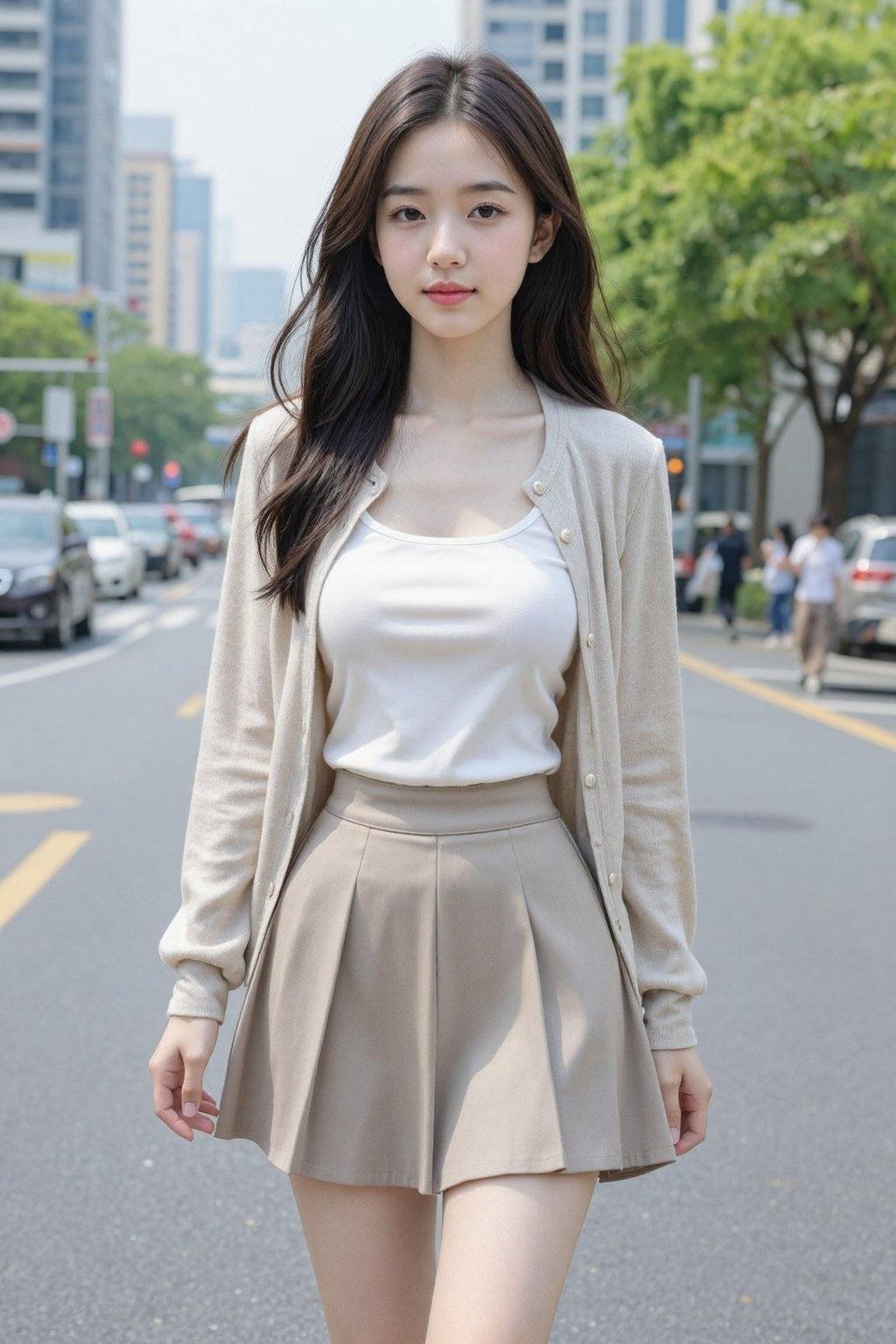 This is a high-resolution photograph featuring a young Asian woman walking on a city street. She has long,  dark brown hai...