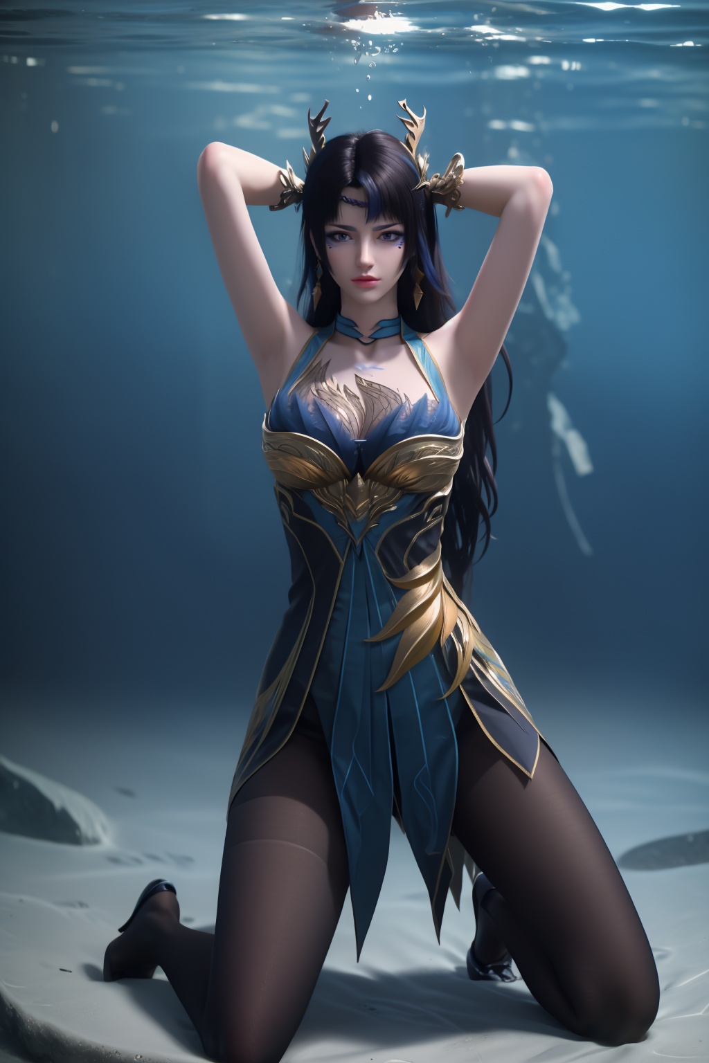 1girl,underwater,submerged,floating hair,air bubble,holding breath,see-through,masterpiece,best quality,highly detailed,fish,(wide hip:1.2),jellyfish,earrings,hair ornament,sea weed,coral reef,shark,sea turtle,sexy pose,kneeling,chinese dress,chinese clothes,big breasts,(looking at viewer:1.2),black pantyhose,arms up,torn pantyhose,antlers,