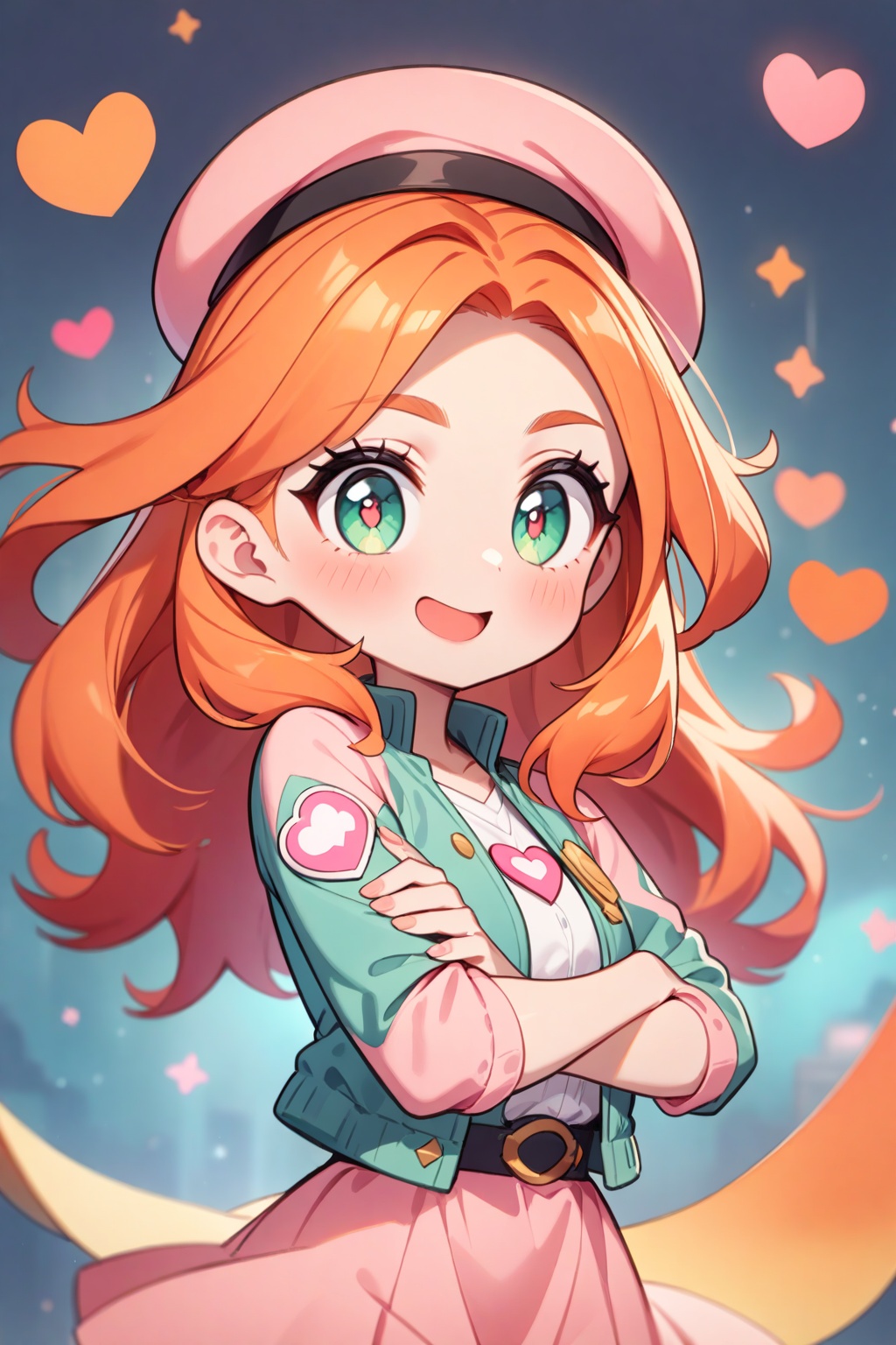 1girl,A vibrant animated female character with long wavy orange hair, green eyes, and a playful expression is dressed in a teal jacket with a heart patch and a pink beret. She's seen from the waist up and is posed with her arms crossed, exuding a sense of confidence,chibi,<lora:糖果森林_XL_LoRA_v1.1:1.3>,, masterpiece,best quality,very aesthetic,absurdres,