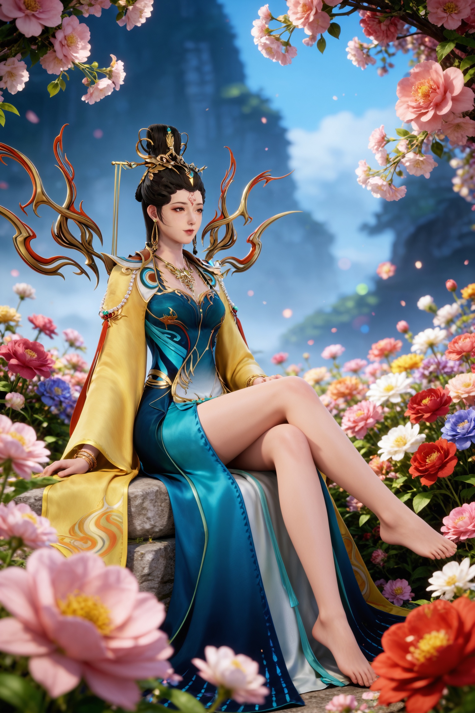 <lora:师兄-女娲pony-v2:0.8>,1girl,black hair,hair ornament,brown eyes,jewelry,earrings,necklace,single hair bun,forehead mark,chinese clothes,blue dress,bracelet,long sleeves,wide sleeves,red footwear,wings,stairs,pink flower,bare legs,toes,barefoot,blurry,sitting,full body,