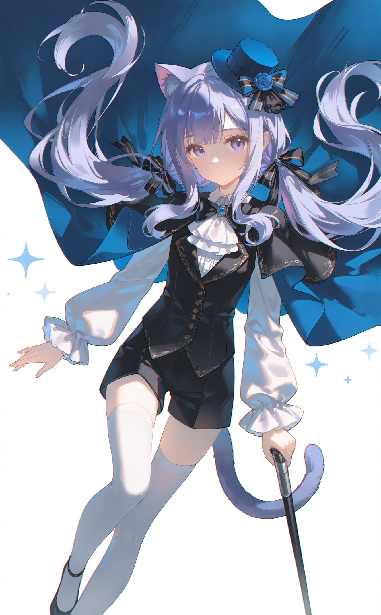 masterpiece,very aware,highres,absurdres,newest,best quality,loli,petite,high quality,chromatic_aberration,cinematic_angle,dutch angle, nyalia, //,artist:ciloranko,artist:ningen_mame,artist:sho_(sho_lwlw),artist:rhasta,artist:wlop,artist:ke-ta,artist:hiten \(hitenkei\),//1girl, solo, long hair, looking at viewer, bangs, simple background, shirt, hair ornament, thighhighs, long sleeves, hat, white background, bow, holding, animal ears, twintails, jewelry, closed mouth, purple eyes, tail, white shirt, purple hair, flower, hair bow, frills, shoes, shorts, striped, puffy sleeves, cat ears, hair flower, bowtie, cape, black footwear, vest, high heels, white thighhighs, cat tail, animal ear fluff, short shorts, ascot, sparkle, black bow, low twintails, blue bow, black shorts, cat girl, brooch, puffy long sleeves, black vest, mini hat, striped bow, blue cape, cane, holding cane<lora:maomao-000055:0.8>,