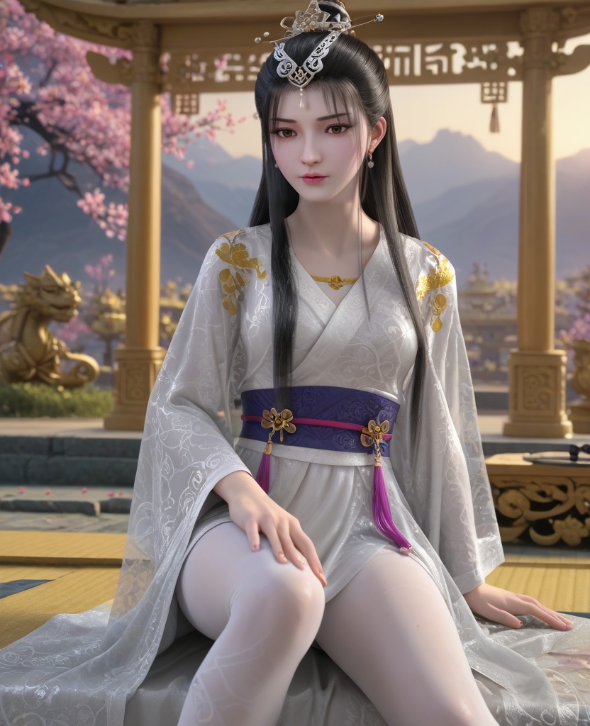(oriental architecture, elegant decor, sophisticated style:1.1),(Sitting with legs folded under, hands on the knees,:1.1),(breasts:1.2),<lora:XL墓王之王千亦膤:0.95>,miss qianyixue,white dress with embroidery,brown eyes,black hair,long hair,traditional chinese updo with long front strands,jewelry,see-through coat,sash,white pantyhose with embroidery,, score_9,score_8_up,score_7_up,score_6_up,score_5_up,score_4_up,3d rendering,tag1,tag2, Cinematic Lighting,backlighting,