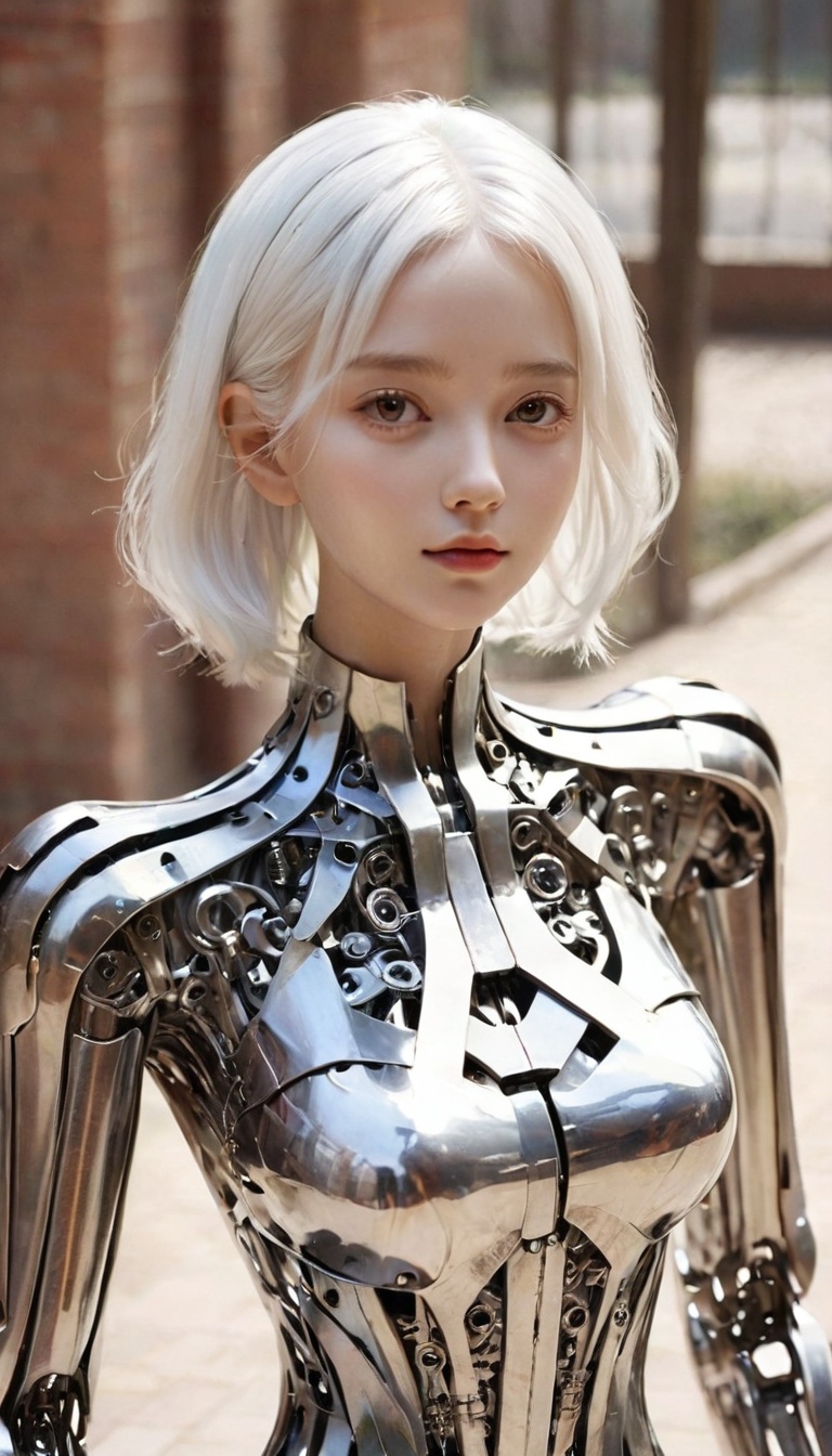 <lora:xl-shanbailing-1203metal element-000010:0.8>,a girl made entirely of brand new metal,1girl,white hair,
