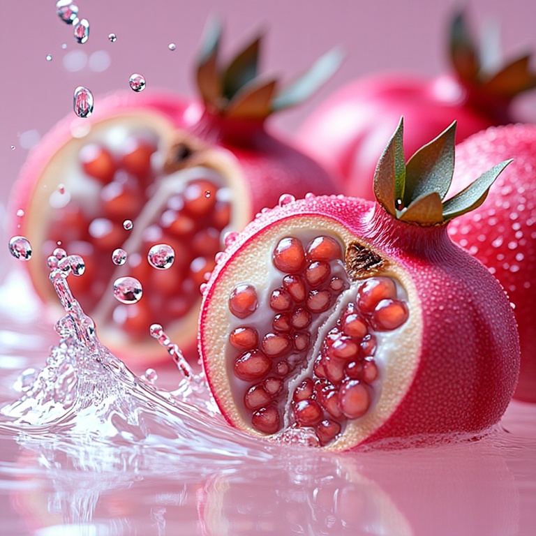 miluo_sgjh,Fruits,water splashes,A close-up photograph of a pomegranate with water droplets on its surface. The pomgranate is cut in half, revealing its juicy, ruby-red interior. The background is a soft, pastel pink color. The texture of the fruit is smooth and reflective. The lighting is soft and even, highlighting the vibrant red color of the pomegrate. The image is high quality and has a natural, organic feel. <lora:miluo丨秀色可餐爆汁水果:1>