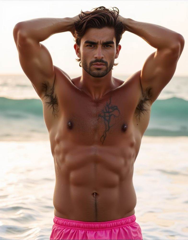 Ferran Torres ,  A HD high-quality close-up photo. stepping out of the ocean. water cascading down his toned chest and arm...