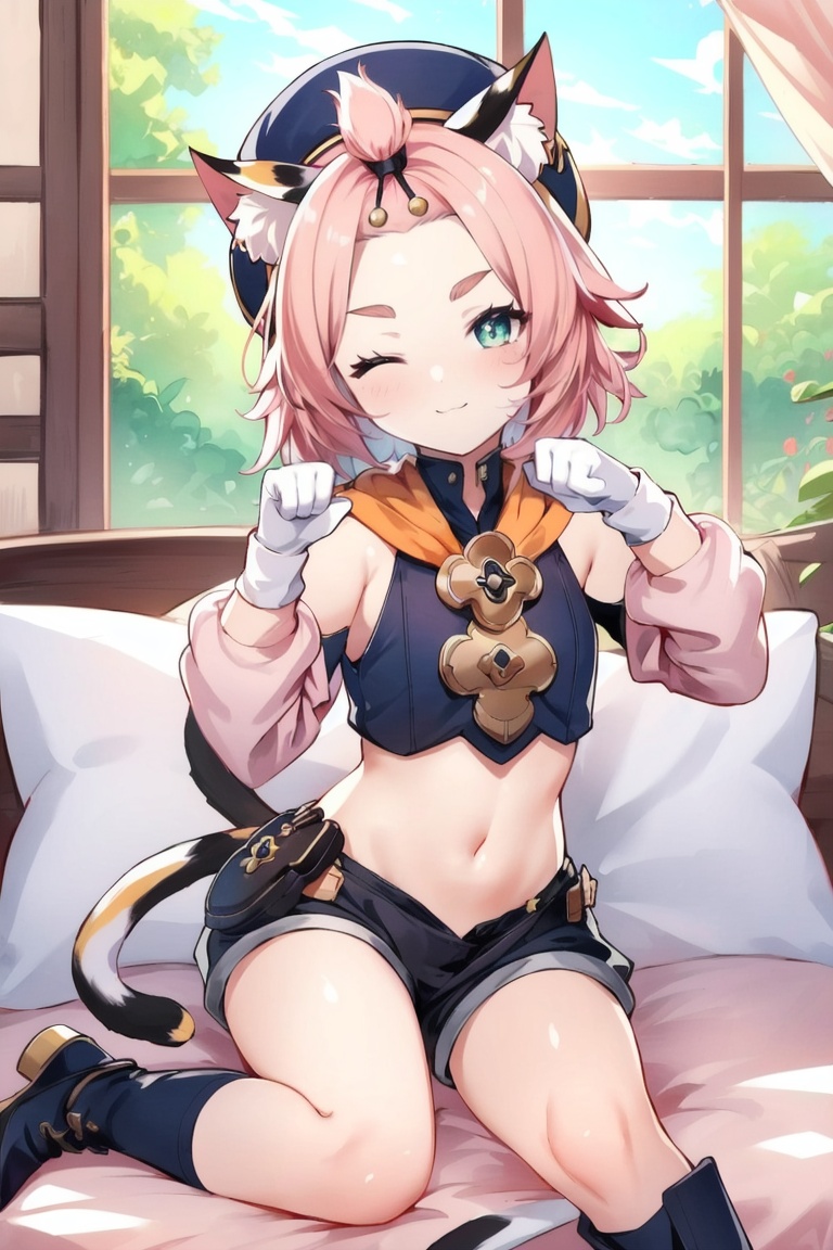 ((HRD, HUD, 8K)),((masterpiece, best quality)), highly detailed,Diona, diona (genshin impact), 1girl, animal ears, cat ears, tail, cat tail, pink hair, one eye closed, cat, cat girl, hat, shorts, animal ear fluff, solo, short hair, green eyes, detached sleeves, gloves, paw print, bangs pinned back, white gloves, pillow, window, rubbing eyes, puffy shorts, paw pose, indoors, sitting, couch, black shorts, thick eyebrows, boots, navel, long sleeves, black footwear, <lora:20240701-1719821584874:0.75>