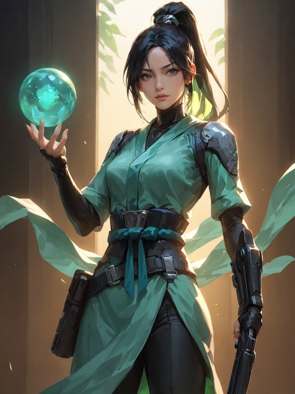 Sage,1girl,This is a digital illustration of a confident,anime-style woman with long black hair tied in a high ponytail.,She holds a glowing,blue-green orb in her right hand and a black firearm in her left,looking_at_viewer,real,ray tracing,ultra sharp,ultra high resolution,(masterpiece),(best quality),super detailed,extremely delicate and beautiful,exquisite facial features,super delicate face,cinematic light,detailed environment,ultra realistic details,facing camera,finely detailed features,cinematic lighting effects,photoreal,32k uhd,cinematic lighting effects,(full body:1.1),