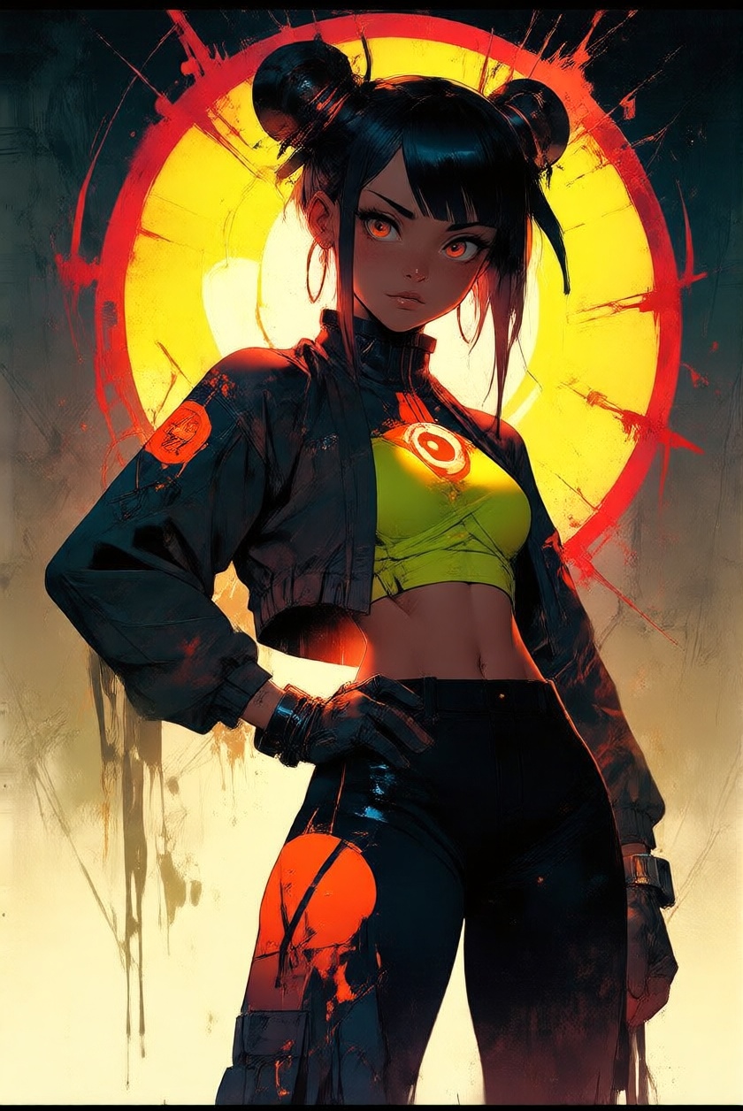 PosingDynamicsDaal,  A striking cyberpunk figure dominates the frame in a powerful three-quarter stance,  head tilted with...