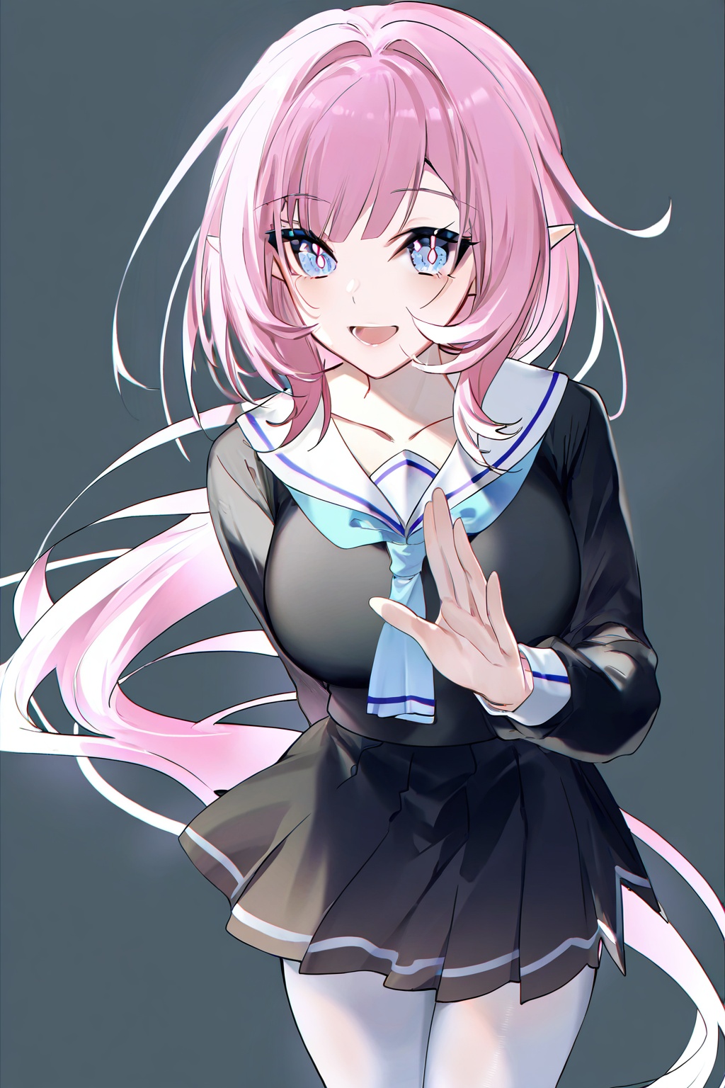 simple background,white background,elysia (honkai impact),1girl,solo,medium smile,open mouth,Enchanting gaze,standing,looking at viewer,cute,solo,JK,High school student clothing,black skirts,White sailor suit,white stockings,medium breast,Waving with one hand and the other hand behind back,collarbone,<lora:meiheyeragu-000150:1>,