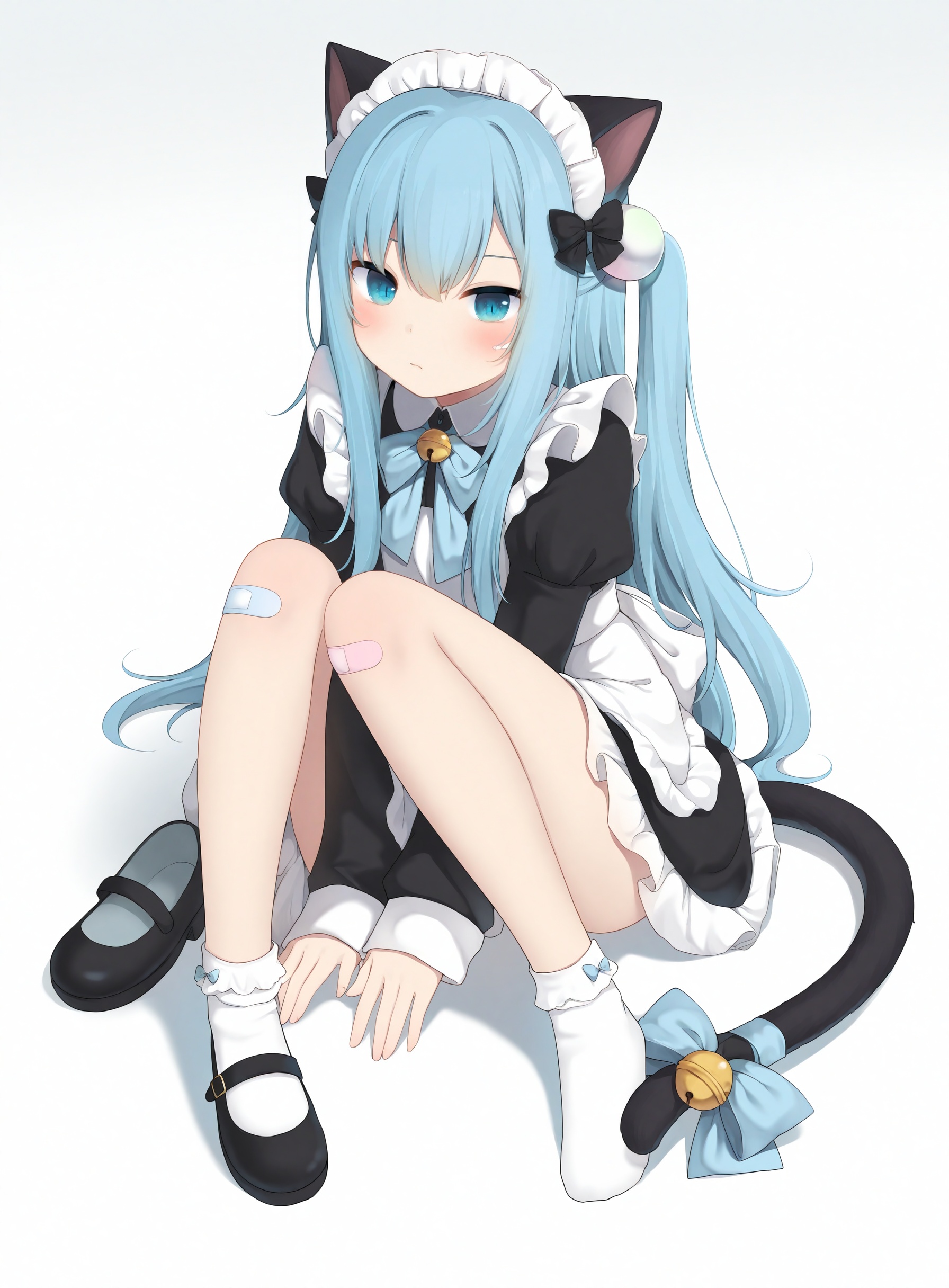 slit_pupils,amashiro natsuki, hair bobble, CHARACTERS-nekohashizuku, 1girl, cat ears, tail, cat tail, animal ears, solo, bow, socks, shoes, apron, blue hair, bell, puffy sleeves, tail ornament, black dress, white socks, long sleeves, long hair, white apron, juliet sleeves, dress, maid, frills, blue eyes, tail bow, cat girl, maid headdress, jingle bell, frilled apron, closed mouth, black footwear, tail bell, sitting, blue bow, white background, between legs, black bow, looking at viewer, no shoes, bandaid on leg, blush, hand between legs, maid apron, hair between eyes, bandaid, single shoe, full body, simple background, hair bow, bobby socks, unworn shoes, bandaid on knee, sleeves past wrists, frilled socks, grey background, hair ornament, one side up, gradient background,masterpiece, best quality, newest, highres, absurdres, newest,