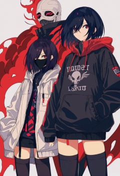 masterpiece, best quality,kirishima touka, 1girl, 1boy, short hair, black hair, red eyes, hair over one eye, thighhighs, mask, kaneki ken, white background, hand in pocket, simple background, looking at viewer, hood, jacket , <lora:焦茶XLlokr8f-000188:0.95>