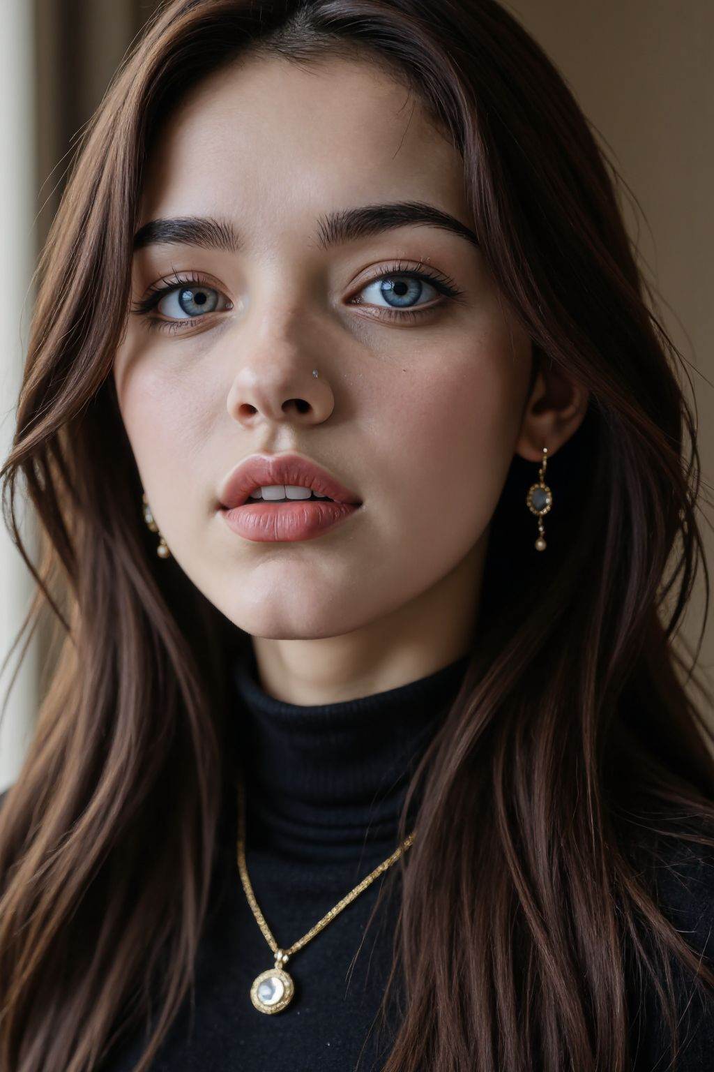HDR photo of cinematic film still young woman, solo, long hair, looking at viewer, blue eyes, brown hair, jewelry, parted lips, necklace, lips, realistic, realistic skin, turtleneck sweater