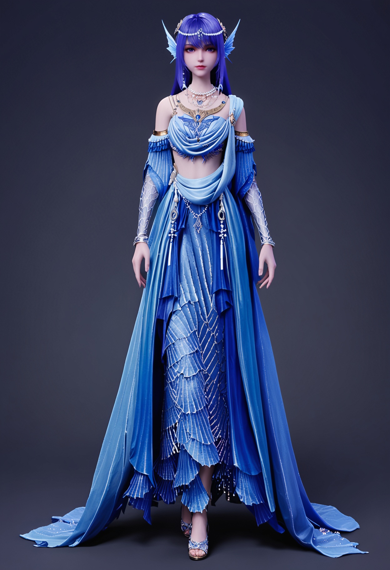(full_body:1.1),(looking at viewer:1.1),facing viewer,direct gaze,<lora:YQ_pony_shengcaier_fuzhuang5_V4:0.8>,q1528437228,1girl,solo,blue hair,jewelry,long hair,necklace,hair ornament,blue eyes,earrings,fins,head fins,dress,purple eyes,detached sleeves,blue dress,midriff,purple hair,beads,pearl necklace,skirt,bracelet,BREAK (white skin:1.1),(fair skin:1.1),(Ivory skin:1.1),(shiny skin),perfect anatomy,(simple background,pure black background,black background:1.1),