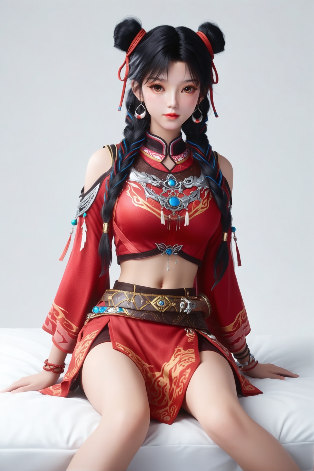 score_9,score_8_up,score_7_up,<lora:wy_luoluo_XL7.0:0.8>,black hair,brown eyes,twin braids,double bun,1girl,jewelry,skirt,bracelet,red skirt,wide sleeves,braid,multiple braids,chinese clothes,midriff,navel,ribbon,shirt,shoulder cutout,belt,looking at viewer,hair ribbon,crop top,parted bangs,miniskirt,sitting,white wall,bed,