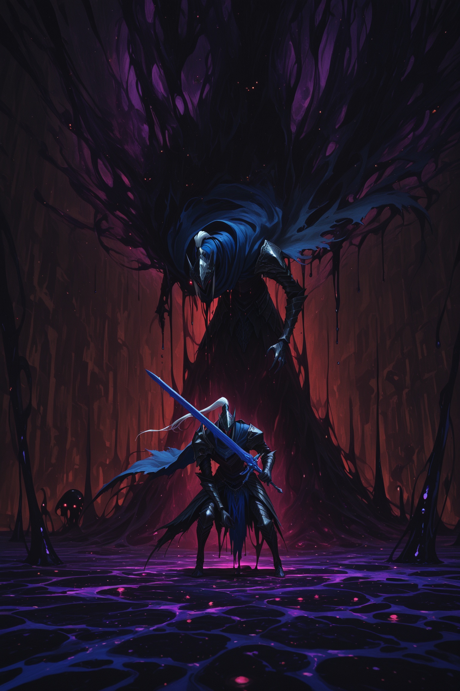 masterpice,scenery,abstract oil painting,wide shot,scenery,1boy,artorias the abysswalker,leaning forward,weapon over shoulder,holding sword,black armor,long floating cape,helmet,dark aura surrounding him,swalloed by darkness,dripping black goo,glowing eyes,eternal void,