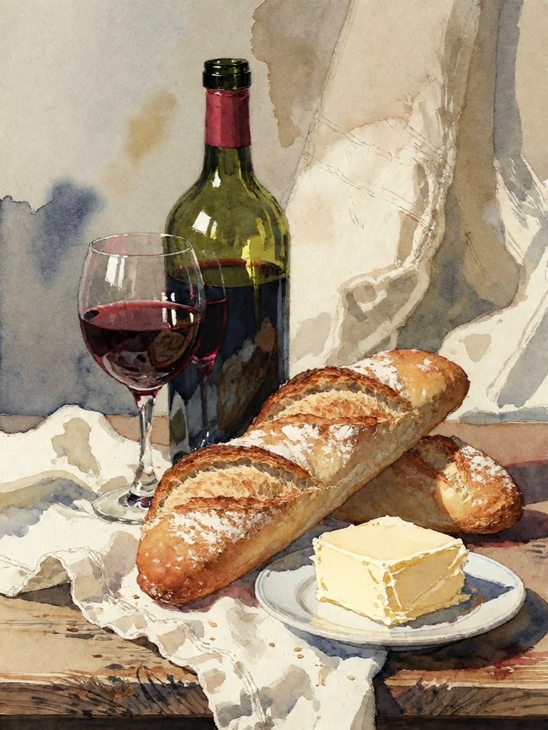 Bradhamel art style.A watercolor painting of a rustic still life featuring a dark green wine bottle with a red foil capsul...