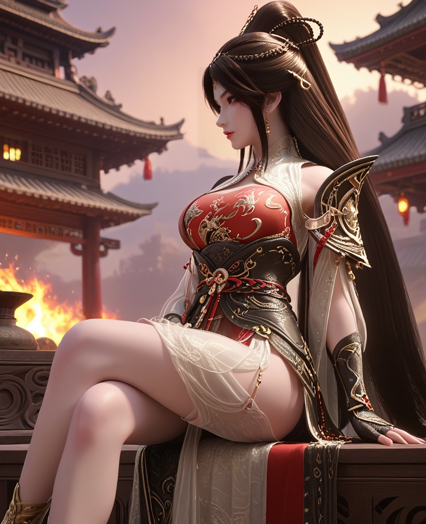 (oriental architecture, elegant decor, sophisticated style:1.1),(Legs crossed,:1.1),(Through a side-profile view, capturing the contour of their face:1.1),(large breasts:1.2),<lora:XL16云深不知梦羲和第7集封魔祭典:0.95>,miss xihe,two-tone black and red corset dress,left pauldron,black hair,very long hair,half-up crown ponytail with long cascading hair,hair ornament,jewelry,black fingerless gloves,sash,, score_9,score_8_up,score_7_up,score_6_up,score_5_up,score_4_up,3d rendering,tag1,tag2, Cinematic Lighting,backlighting,