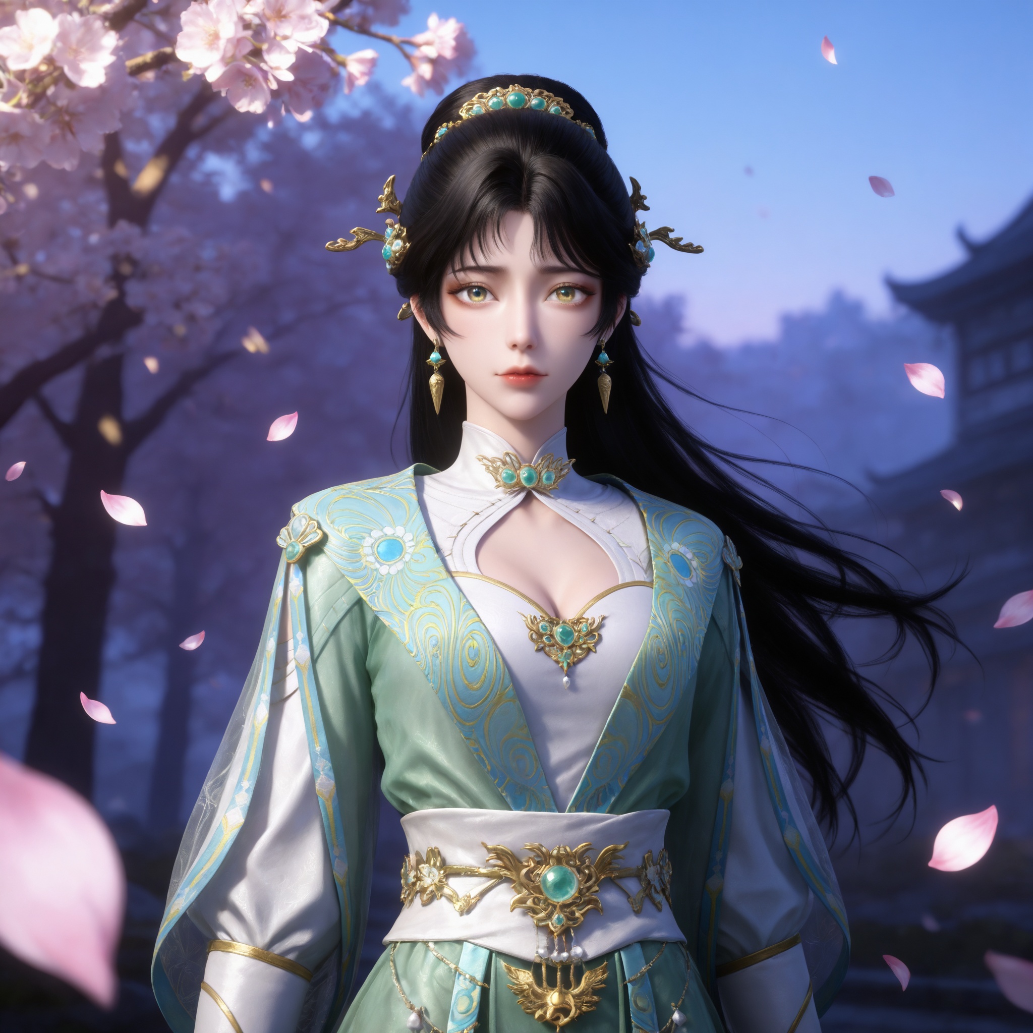 Nai3 style,realistic style photo,outstanding style,Use soft lighting to cast gentle shadows on the subject,adding a touch of dimension to your images without compromising details,whirls of vapor,(Anime:1.1),soft neon light,ethereal ambiance,delicate details,magical atmosphere,concept art,highly detailed,ultra-high resolution,32K UHD,sharp focus,best-quality,masterpiece,golden hour,unconventional supreme masterpiece,masterful details,temperate atmosphere,with a high-end texture,in the style of fashion photography,magazine style,Dynamic Angle,Dynamic posture,magazine style,Dynamic Angle,Dynamic posture,(cowboy_shot:1.2),eye trail,depth of field,cinematic lighting,lens flare,close-up,extreme aesthetic,(wlop:0.6),(honjou raita,lack,rella,wanke:0.5),masterpiece,best quality,good quality,newest,year 2025,very aesthetic,absurdres,Visual impact,A shot with tension,ultra-high resolution,32K UHD,sharp focus,best-quality,masterpiece,Emotionalization,unconventional supreme masterpiece,masterful details,temperate atmosphere,with a high-end texture,in the style of fashion photography,(Visual impact:1.2),giving the poster a dynamic and visually striking appearance, <lora:九阳武神-苏青洛IL:0.7> 1girl, black hair, long hair, hair ornament, jewelry, hair bun, green dress, long sleeves, cleavage cutout, sash, white footwear, chinese clothes, earrings, realistic style,white background,upper body,looking at viewer,dynamic posture,, 1girl,solo,upper body,looking at viewer,petals,falling petals,masterpiece,best quality,absurdres,highres,amazing quality,very aesthetic,newest,absurdres,highres,highly detailed,very aesthetic,