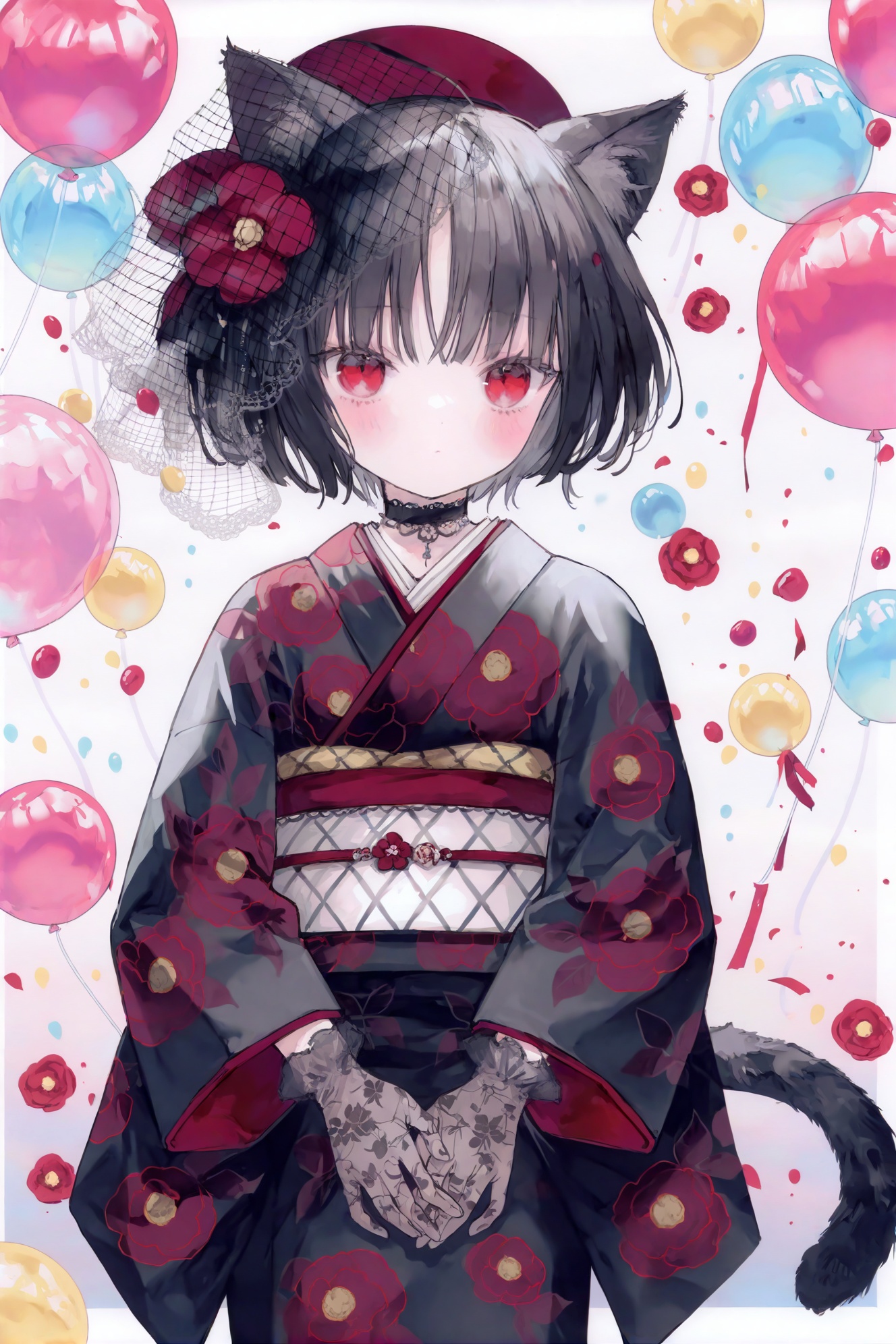 loli,1girl,solo,animal ears,kimono,japanese clothes,red eyes,tail,black hair,cat ears,balloon,cat tail,cat girl,lace gloves,hair ornament,hair flower,bangs,flower,obi,sash,gloves,wide sleeves,long sleeves,holding,looking at viewer,short hair,black kimono,closed mouth,floral print,animal ear fluff,print kimono,grey gloves,blush,choker,black choker,red flower,fishnet gloves,hat,ball,(masterpiece,best quality,highres,absurdres,best quality,amazing quality,very aesthetic,absurdres),