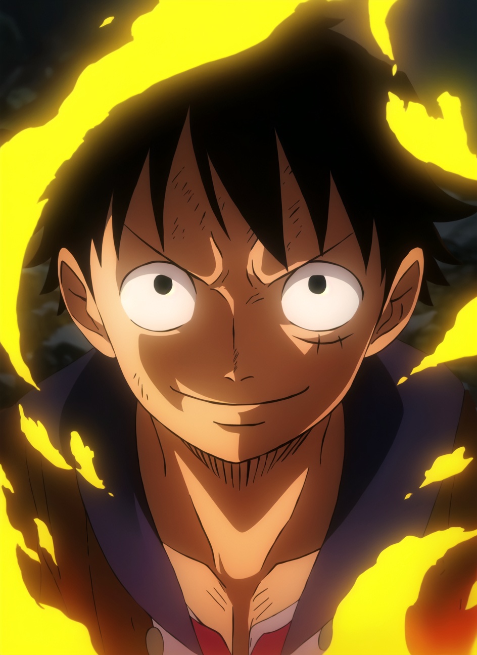 1boy, wanostyle, monkey d luffy, smiling, straw hat, looking at viewer, solo, upper body, ((masterpiece)), (best quality), (extremely detailed), depth of field, sketch, dark intense shadows, sharp focus, soft lighting, hdr, colorful, good composition, fire all around, spectacular, closed shirt, anime screencap, scar under eye, ready to fight, black eyes <lora:wanostyle_2_offset:1.2>