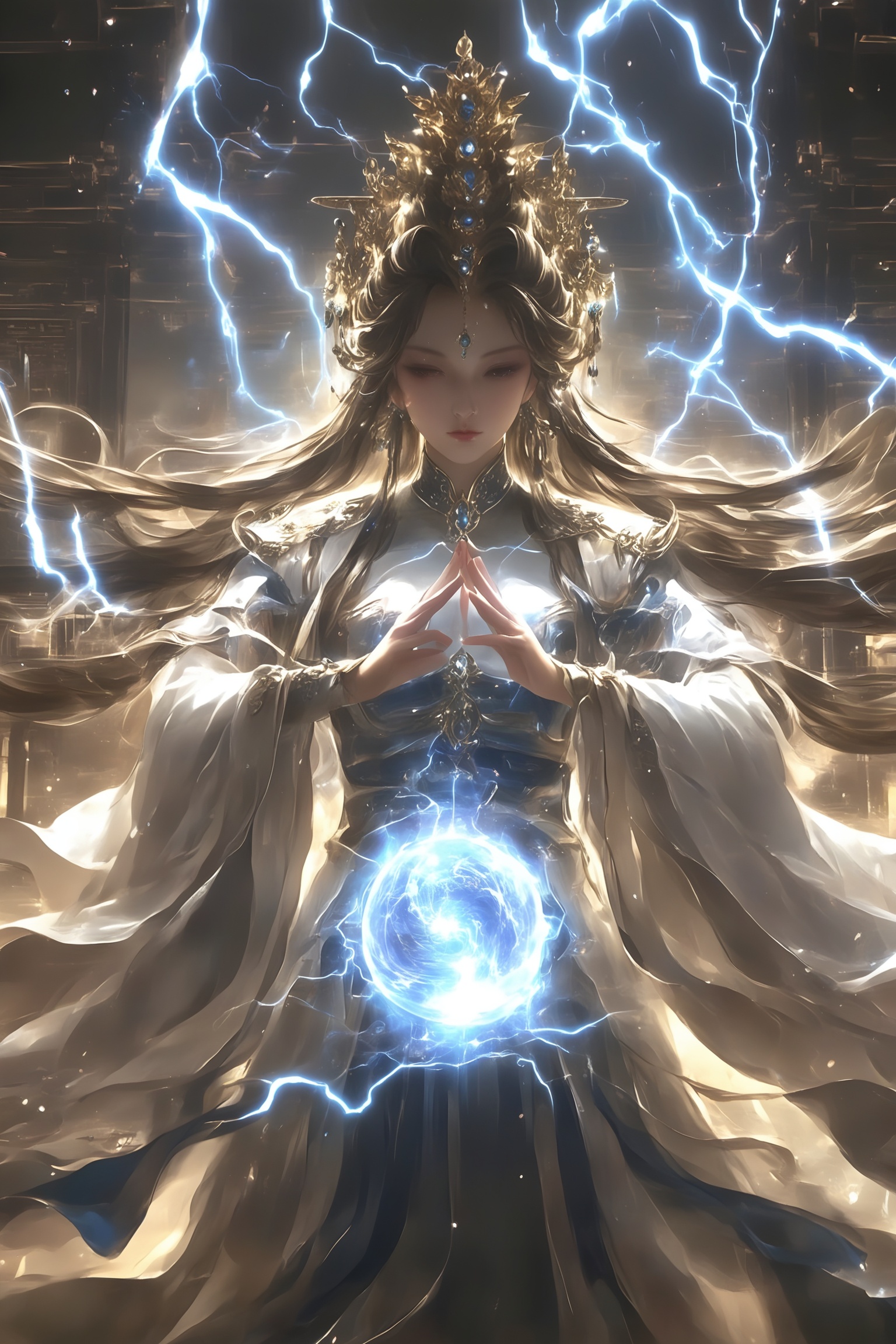 shenzu,The image depicts a mystical figure standing in a dark, ancient-looking environment. The figure is adorned in flowing, ethereal robes that appear to be made of light fabric, with intricate patterns and designs. The character's head is crowned with an elaborate headdress, adding to the regal and otherworldly appearance.In the figure's hands, there is a glowing, spherical object emitting bright blue and white light, surrounded by swirling energy and lightning-like effects. The energy seems to be both powerful and magical, suggesting that the figure possesses significant power or abilities.The background features traditional architectural elements, such as pagodas and ornate structures, which contribute to the overall mystical and ancient atmosphere of the scene. The lighting is dramatic, with the glowing sphere and surrounding energy creating a striking contrast against the darker surroundings.Overall, the image conveys a sense of magic, power, and mystery, with the figure appearing to be a powerful and enigmatic character in a fantastical setting.