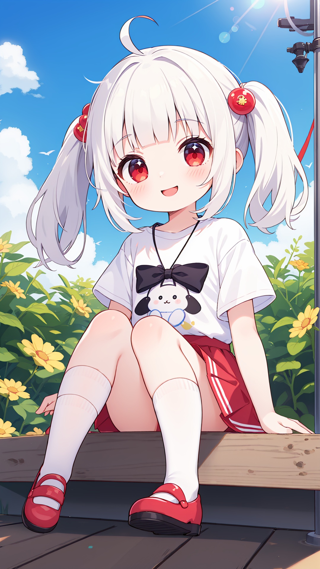 (masterpiece),(best quality),huge filesize,illustration,lens flare,1girl,little loli,(child),kawaii,short hair,white hair,ahoge,blunt bangs,short twintails,(high twintails),hair_ornaments,pale_skin,red eyes,smile,short_sleeves,casual T-shirts,microskirt,bobby_socks,mary_janes,