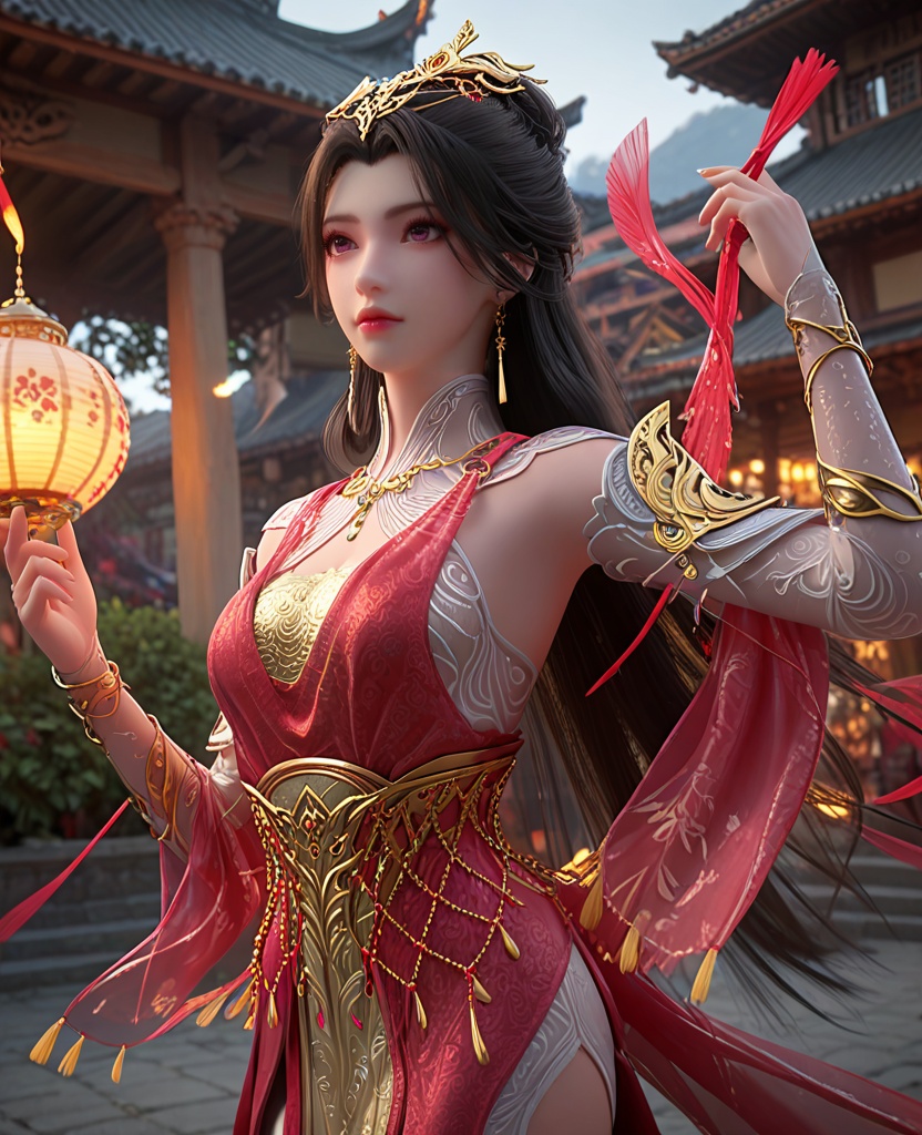 (oriental architecture, elegant decor, sophisticated style:1.1),(dancing,hula dance:1.1),(breasts:1.2),<lora:XL长生界赵琳儿:0.95>,miss zhaoliner,red dress,golden bra,see-through sleeves,sash,see-through collar,chain ornament,shawl,pelvic curtain,purple eyes,black hair,earrings,hair ornament,long hair,jewelry,, score_9,score_8_up,score_7_up,score_6_up,score_5_up,score_4_up,3d rendering,tag1,tag2, Cinematic Lighting,backlighting,