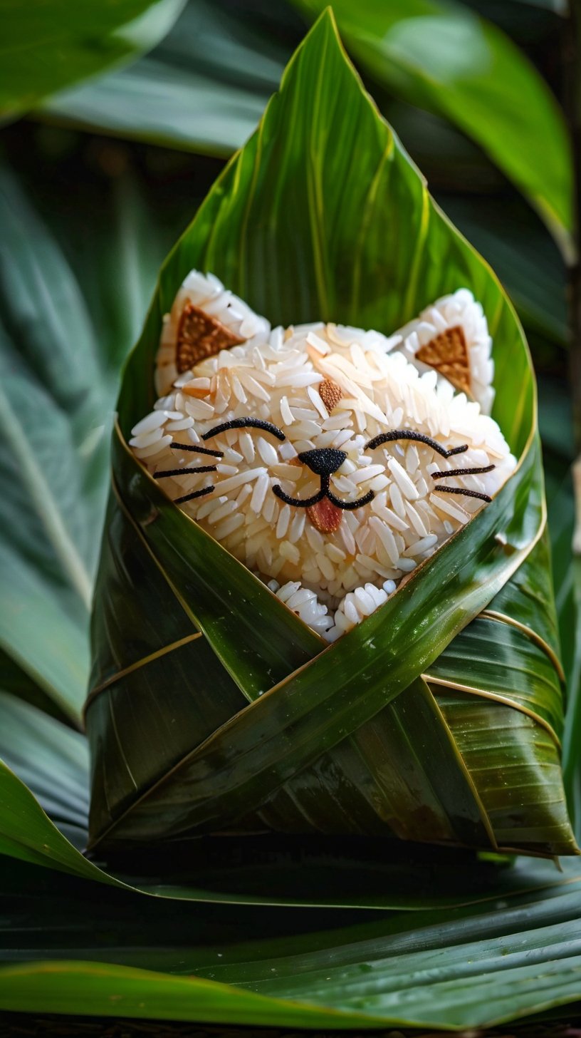 <lora:端午节——创意粽子_V1.0:0.8>,highly detailed,ultra-high resolutions,32K UHD,best quality,masterpiece,tao,chi,the painting is a creative representation of a cat's face made out of rice. the artistic style is whimsical and playful,with a focus on details like the cat's eyes,nose,and whiskers. the theme revolves around nature and simplicity,as the rice is wrapped in a leaf,mimicking the way some animals,like cats,camouflage themselves in nature. the composition is balanced,with the cat's face being the central focus,surrounded by the leafy wrapping.,