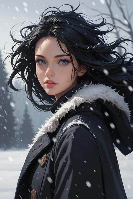 score_9,score_8_up,score_7_up,score_6_up, 1girl, solo, black hair, looking at viewer, outdoors, blurry, snow, messy hair, parted lips, realistic, coat, blurry background, long hair, wind, lips, upper body, blue eyes, snowing, day, from side, black coat, depth of field