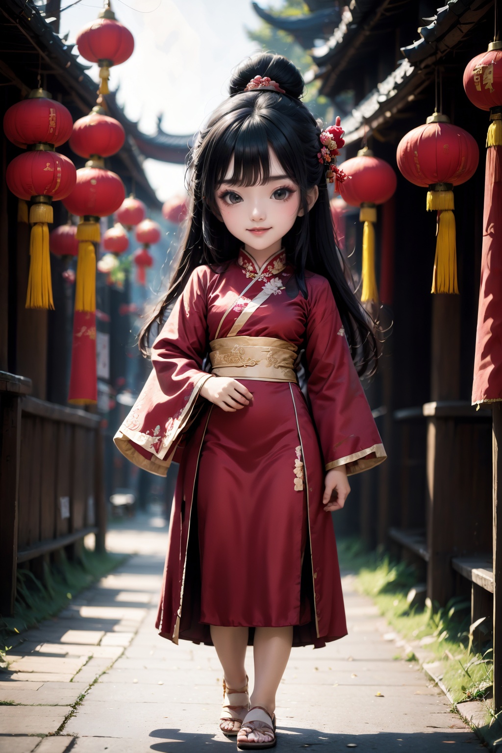 <lora:ChineseNewYear:0.8>, chinese new year, ChineseNewYearStyle, 1girl, solo, black hair, long hair, brown eyes, sandals, looking at viewer, outdoors, lantern, full body, hair ornament, standing, red dress, holding, blurry, paper lantern, child, sash, dress, long sleeves, wide sleeves, hair bun, depth of field, closed mouth, smile, lips, day, blurry background, chinese clothes, hanfu, architecture, flower, realistic, hair flower