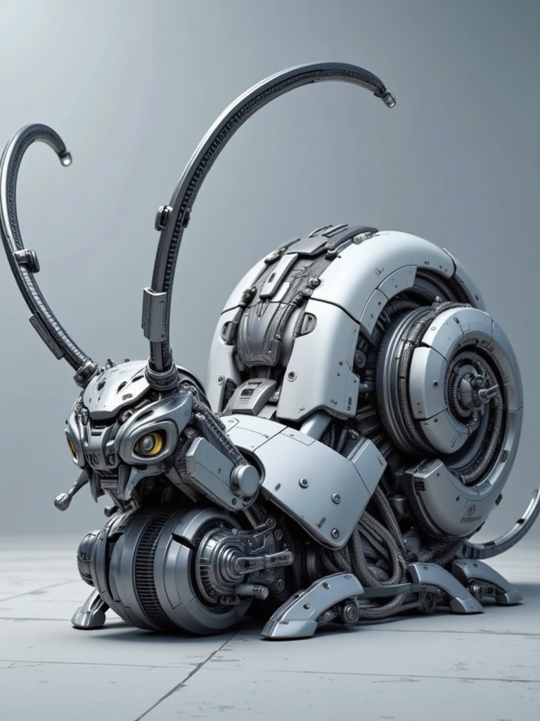 mecha,scene composed of machinery,An icy gray background, a massive mechanical snail, three-dimensional lighting and shadows, 3D rendering, exquisite details, combination of mechanical structures, future technology, a scene composed of machinery, a clean scene, steel texture, metallic feel, an image entirely composed of mechanical elements.
