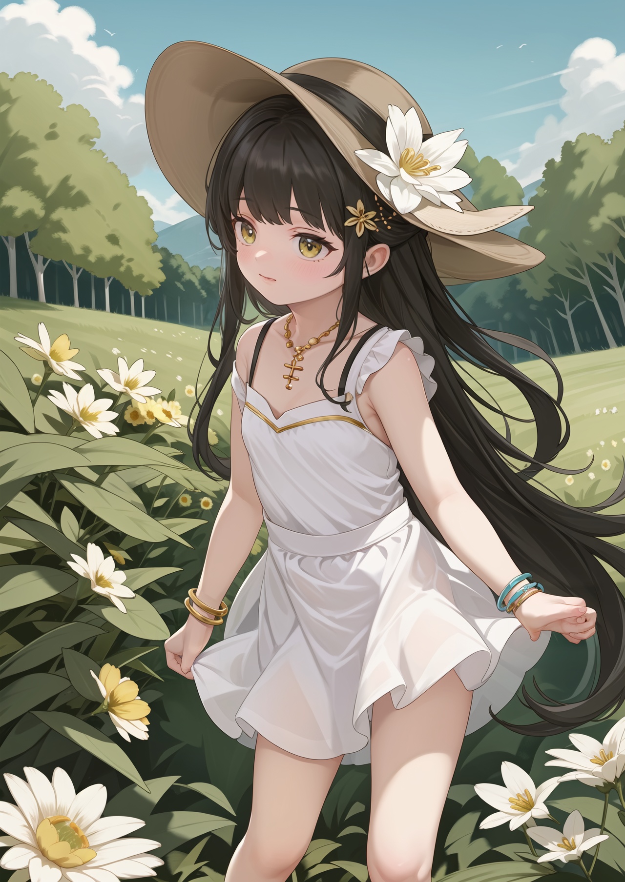 masterpiece,best quality,1girl,solo,long hair,black hair,field,flower,hair ornament,outdoors,white skirt,skirt,yellow flower,jewelry,hat,bracelet,dress,