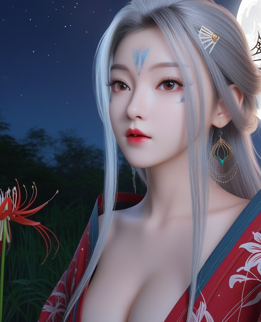 <lora:571-DA-XL-眷思量-奉眠:0.8>(,1girl, ,best quality, ),looking at viewer,  ,,ultra detailed background,ultra detailed background,ultra realistic 8k cg, ,masterpiece, spider lily,full moon, (cleavage), (),