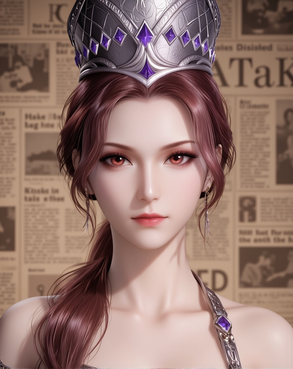 <lora:比比东·泛化版8:1.3>,bibidong,brown hair,brown eyes,pony-tail,low ponytail,looking at viewer,crown,jewelry,cover,gradient background,close-up details,outstanding style,adding a touch of dimension to your images without compromising details,close-up,<lora:DJ滤镜_2.5D版:0.4>,lvjing,<lora:油画唯美滤镜15:0.2>,baoshi,<lora:报纸背景·5:0.4>,baozhi,paper,newspaper,the newspaper wall,newspaper background,