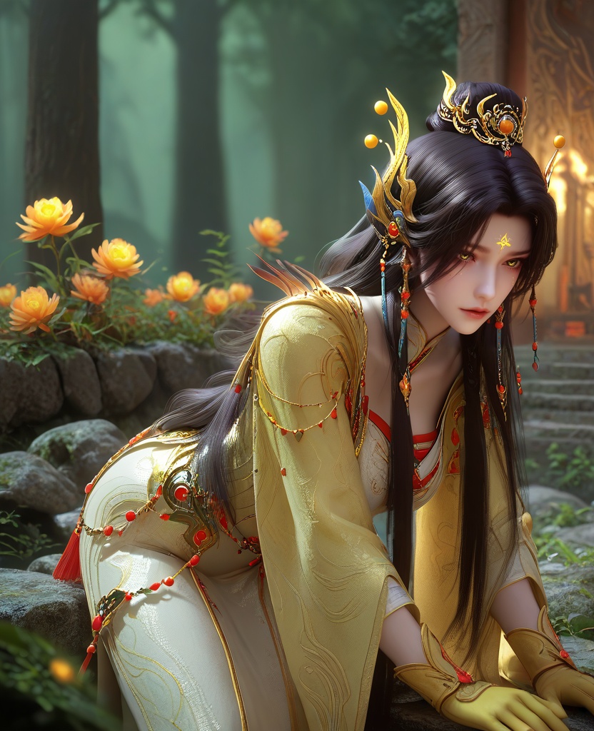 (Seated cross-legged, hands resting atop her knees with palms facing upwards, she embodies serenity and spiritual awakening:1.1),(large breasts:1.2),<lora:XL16云深不知梦羲和众生愿:0.95>,miss xihe,white tiered dress,yellow shawl,yellow eyes,forehead mark,glowing facial mark,black hair,traditional chinese updo with long front strands,absurdly long hair,hair ornament,jewelry,yellow gloves,, score_9,score_8_up,score_7_up,score_6_up,score_5_up,score_4_up,3d rendering,tag1,tag2, Cinematic Lighting,backlighting,