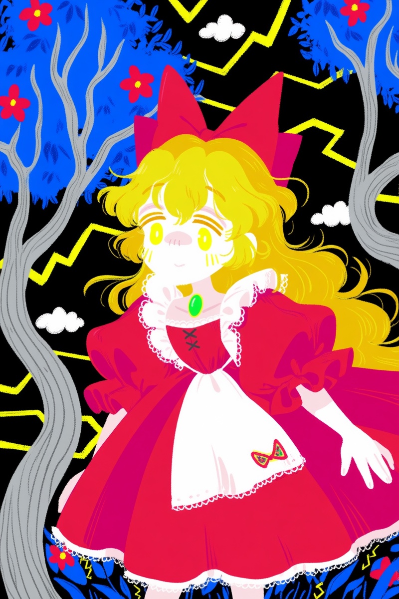 @jsslnst,  The image depicts a young girl with long,  wavy blonde hair adorned with a large pink bow. She wears a red dres...